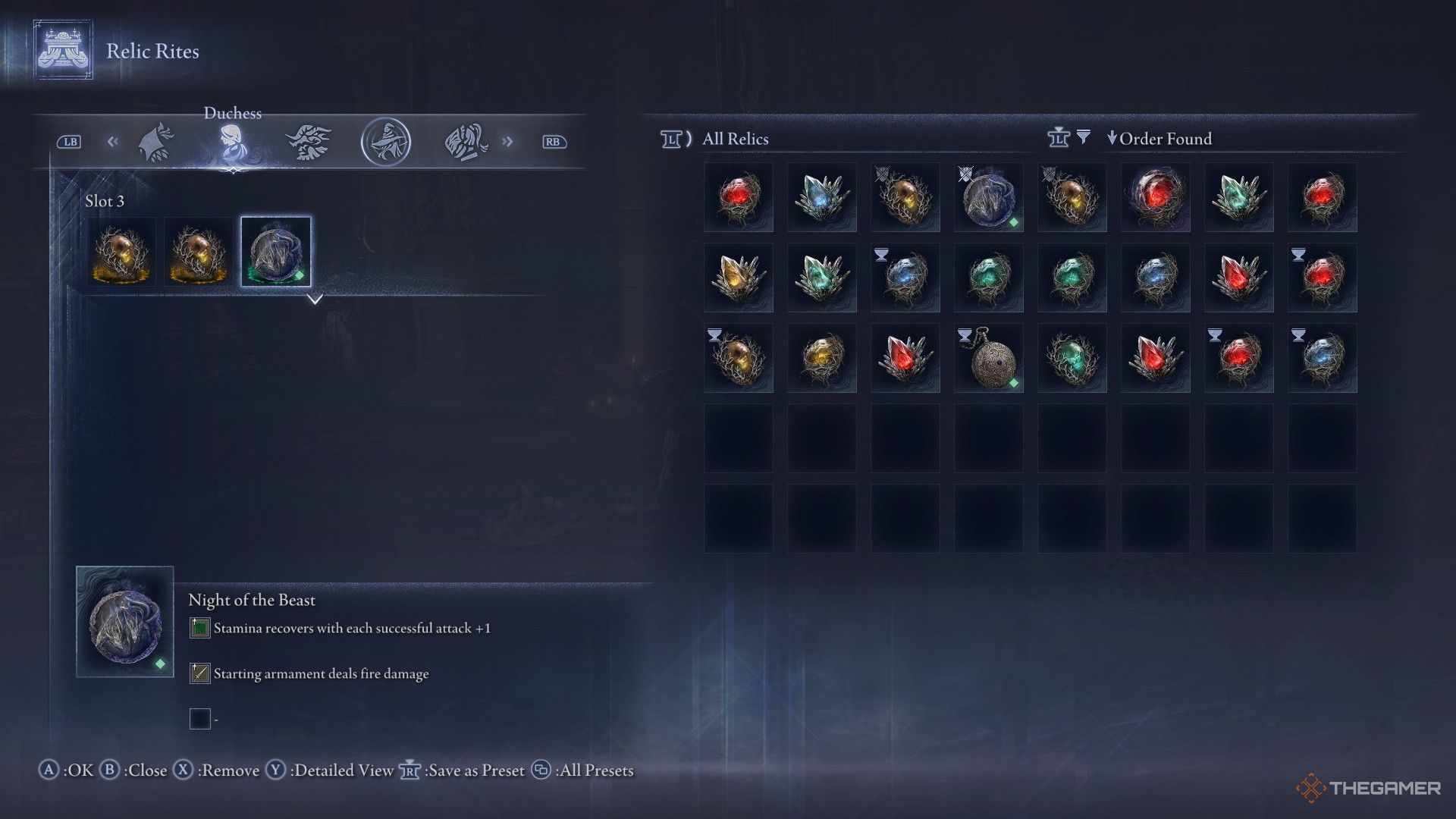 Player adds the Night of the Beast Relic to Duchess's chalice in Elden Ring Nightreign.