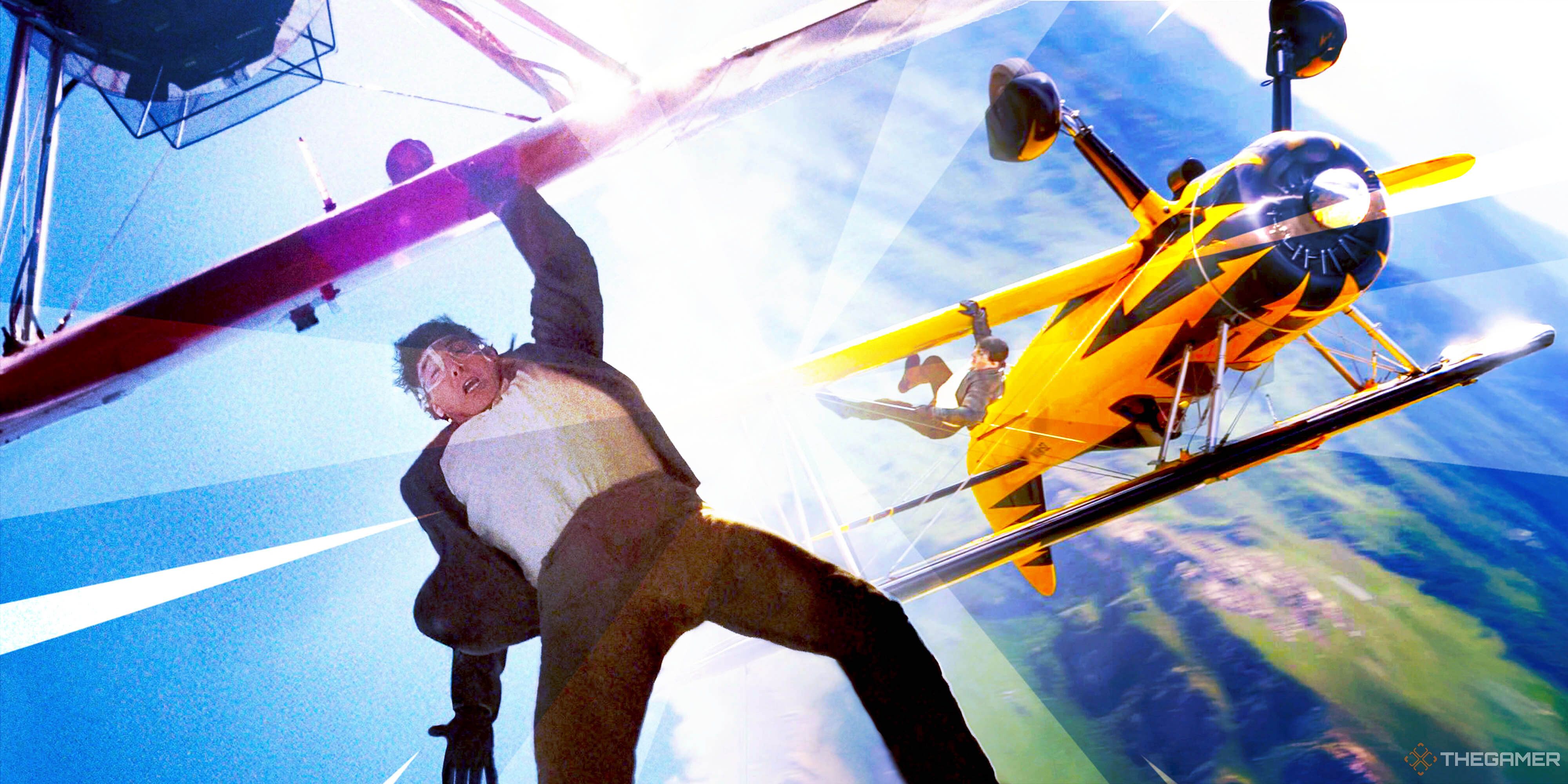 Tom Cruise hanging from a red biplane during the big set piece at the end of Mission: Impossible - The Final Reckoning.