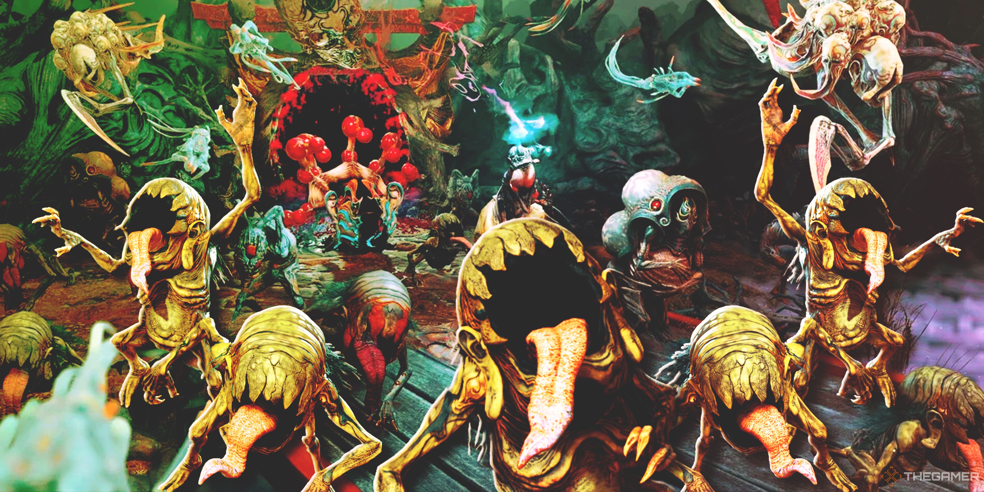 A collage showing dozens of creatures from Kunitsu-Gami.