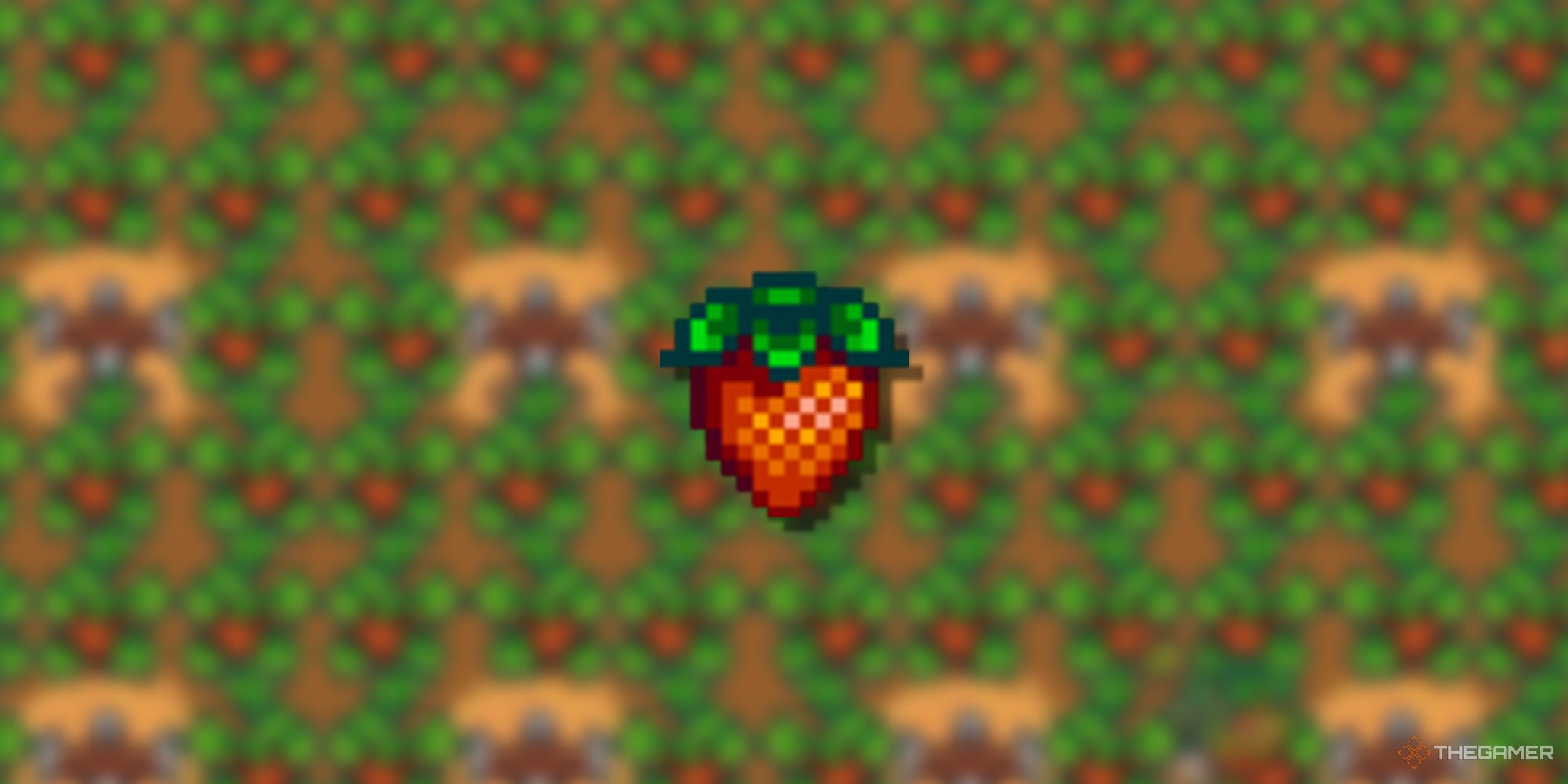 A blurry strawberry background with a PNG of a strawberry in Stardew Valley.