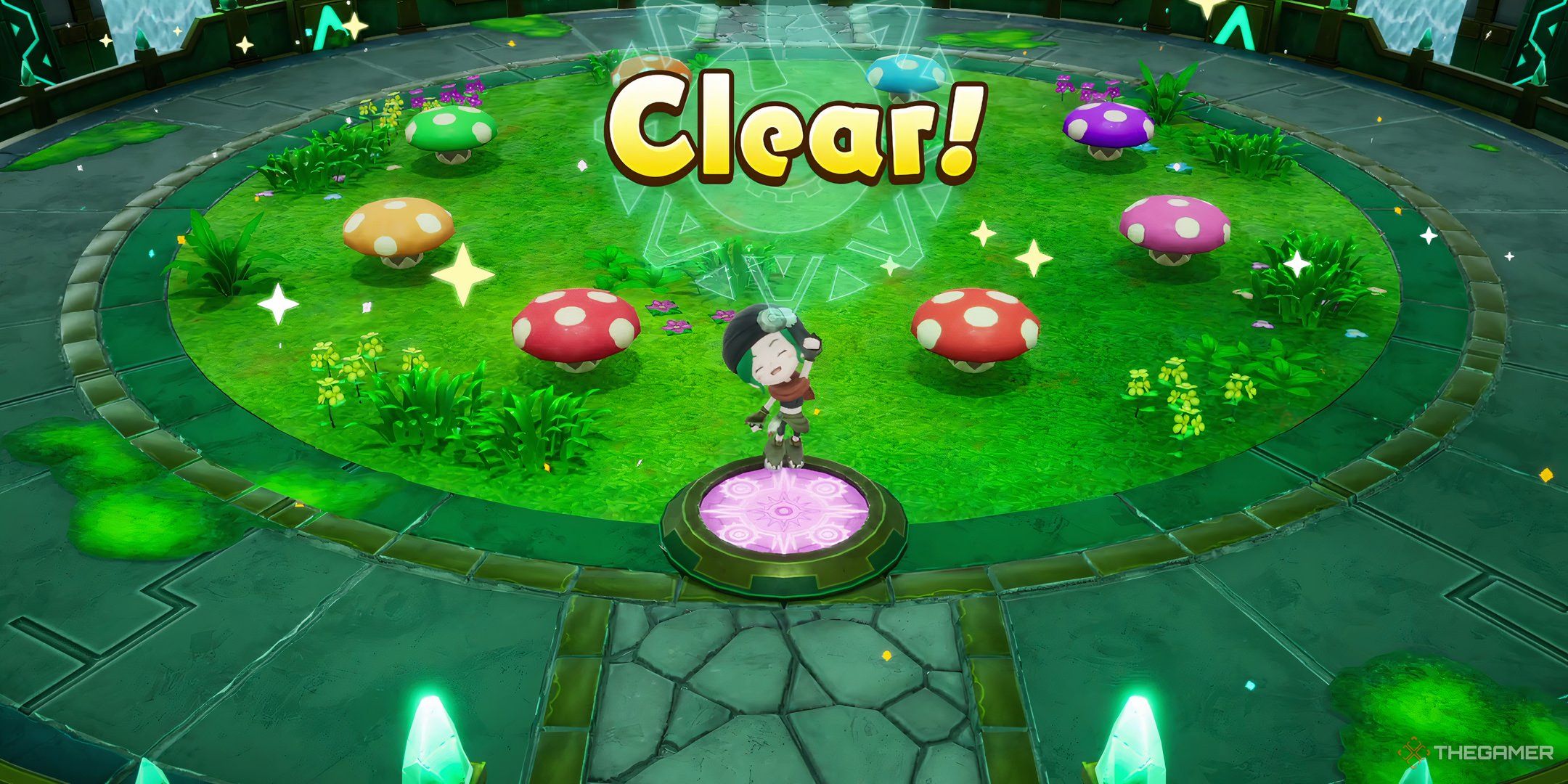 A character jumping for joy after solivng a mushroom memory challenge in Fantasy Life i- The Girl Who Steals Time.