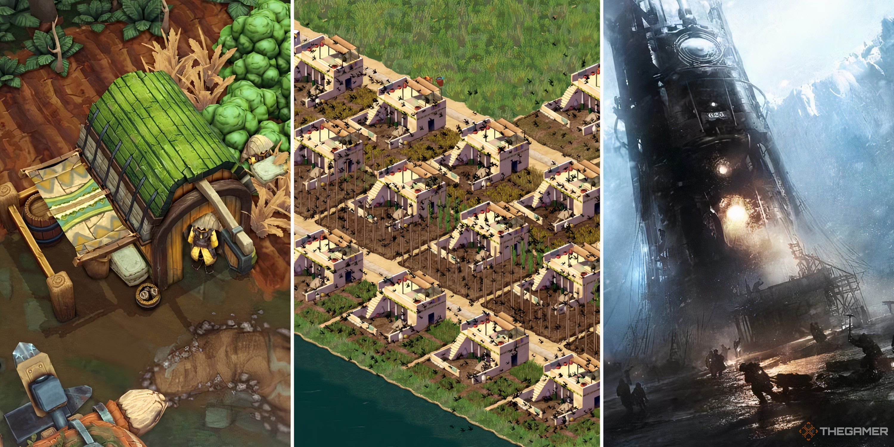 A collage of screenshots featuring Against the Storm, Pharaoh, and Frostpunk.