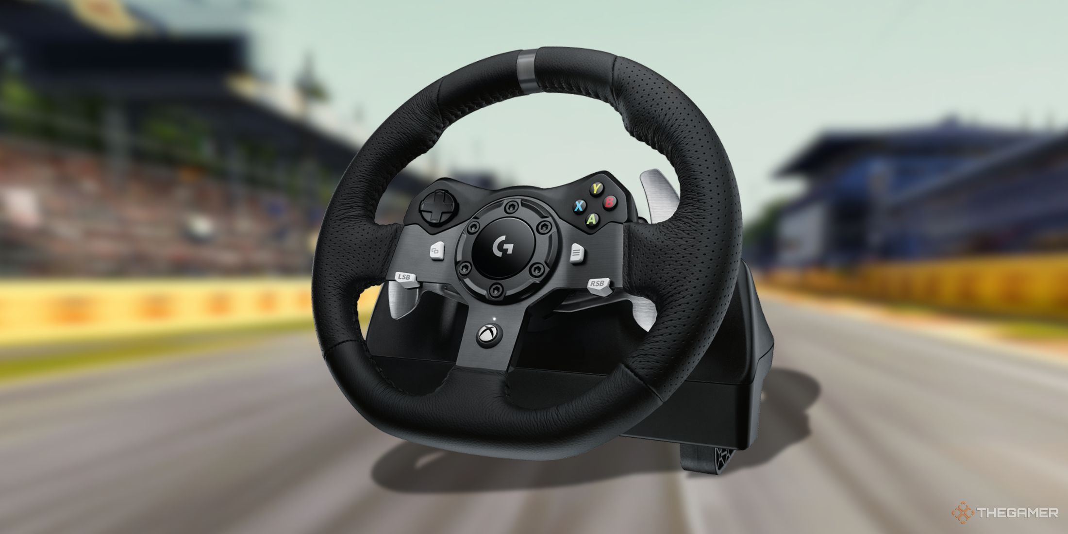 A logitech wheel on a race track in F1 25.