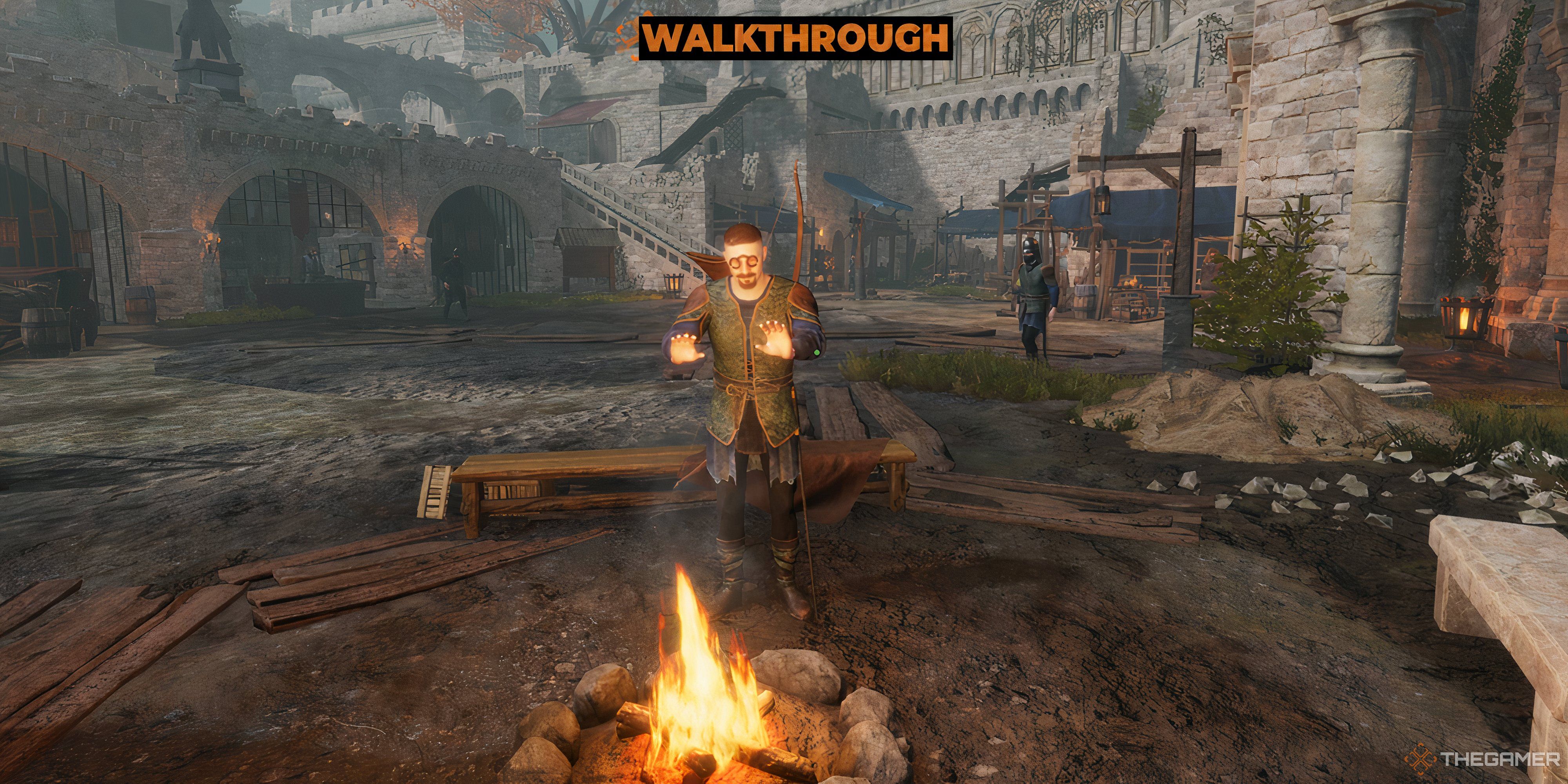 A picture of Keeper Temer heating his hands near a bonfire - Tainted Grail The Fall Of Avalon