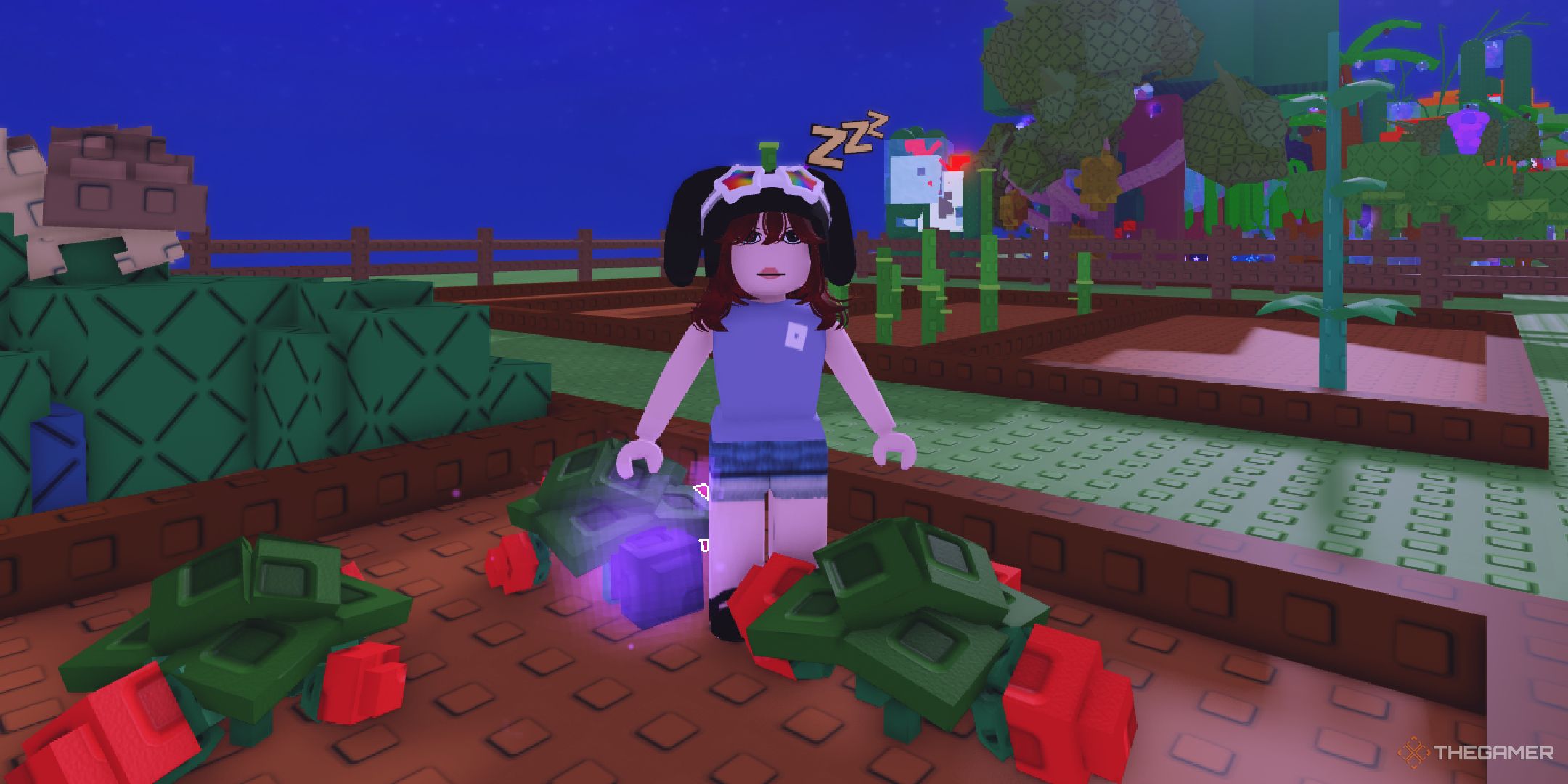 A player standing next to a Moonlit strawberry in Roblox Grow A Garden.