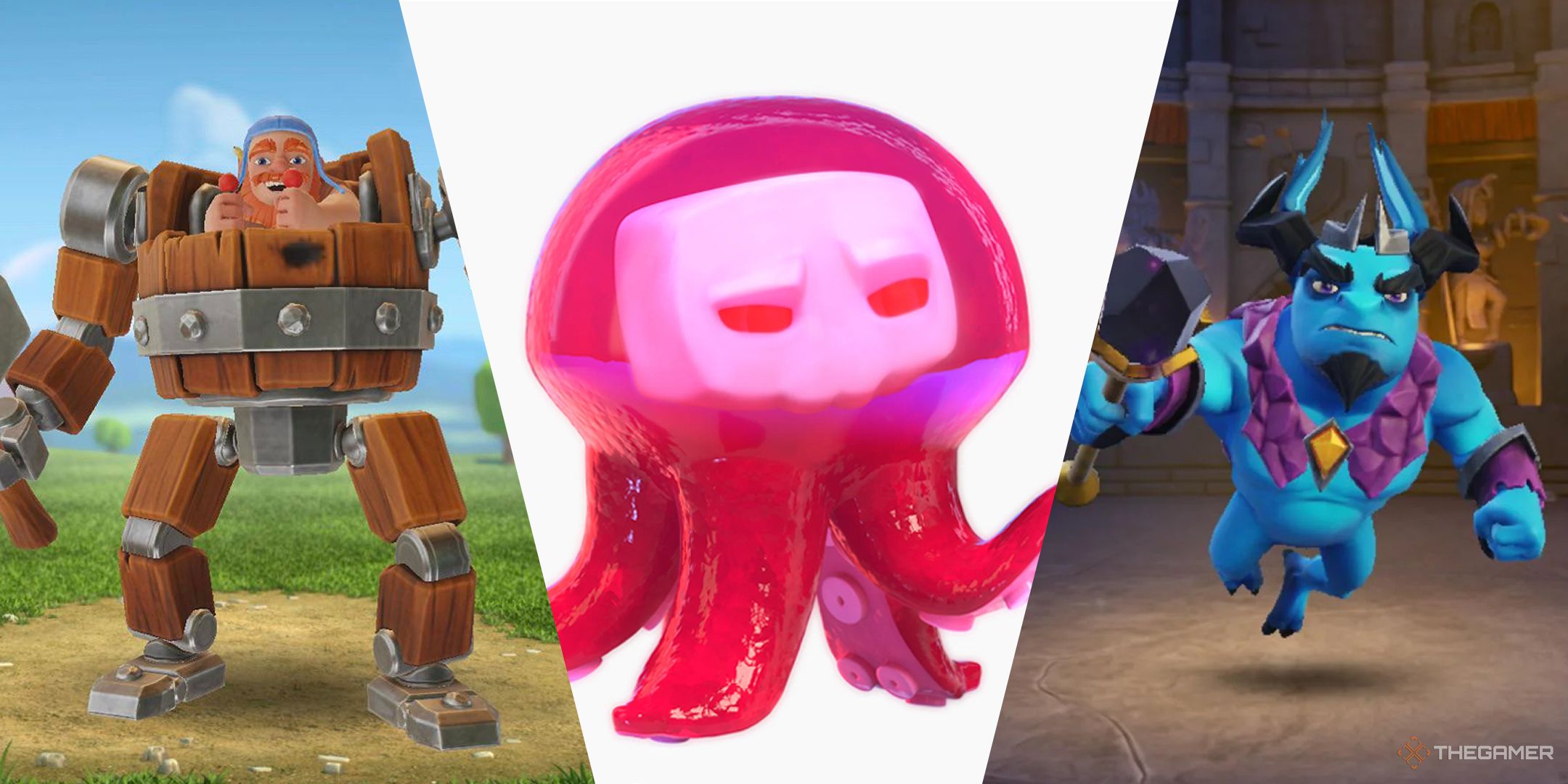 A Split Image Featuring Heroes And Pets From Clash Of Clans