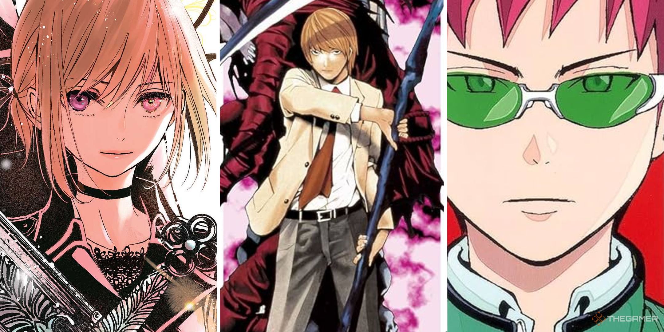 A split image showing Queen's Quality, Death Note, and Saiki K.