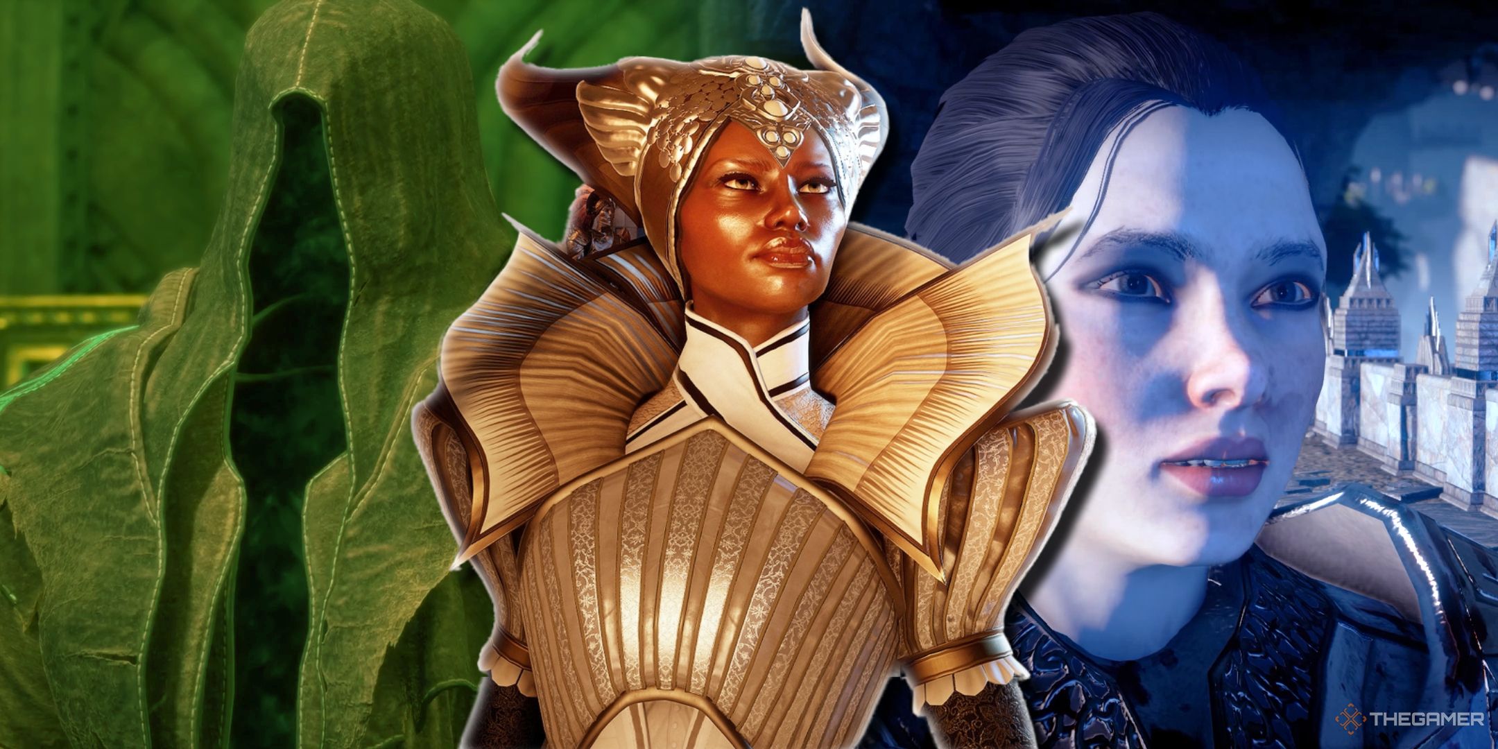 A split image of Vorgoth and Valta from the Dragon Age gamed with Vivienne over top.