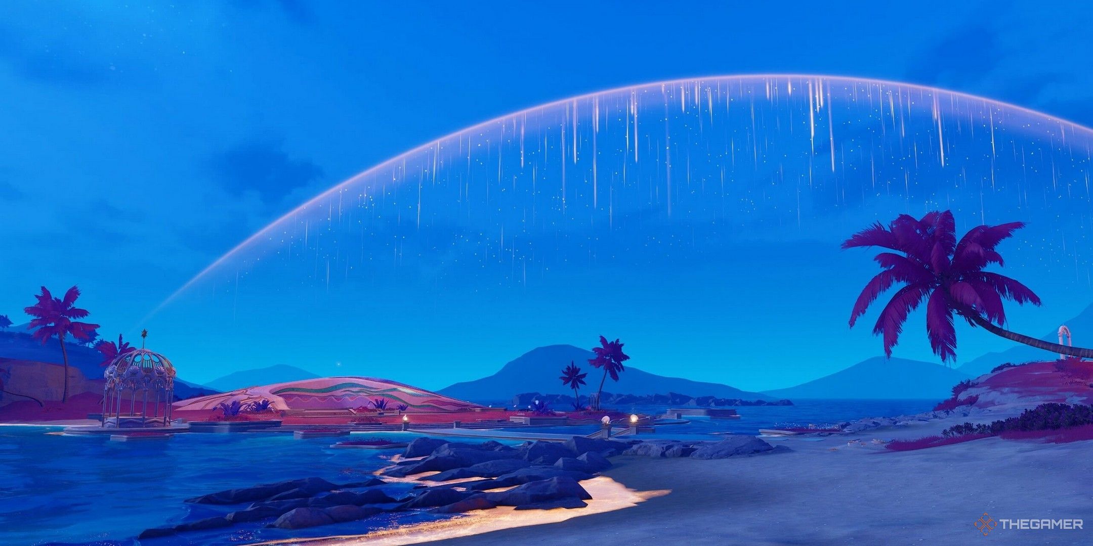 An arc of shooting stars in Infinity Nikki in the Sea of Stars, with the beach and gazebo with palm trees in the foreground.