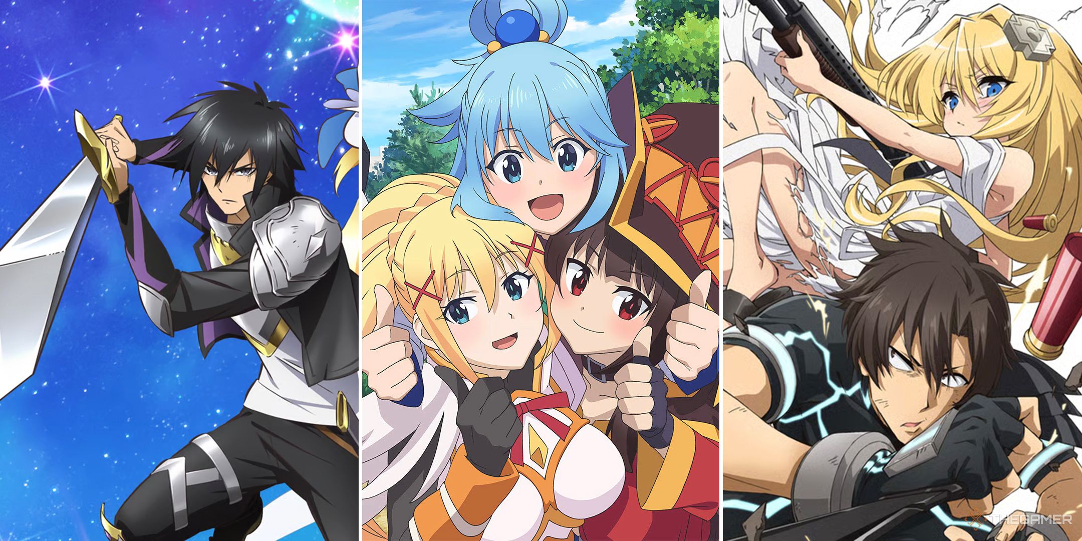 A split image featuring the Cautious Hero, Konosuba, and Combatants Will Be Dispatched anime series.