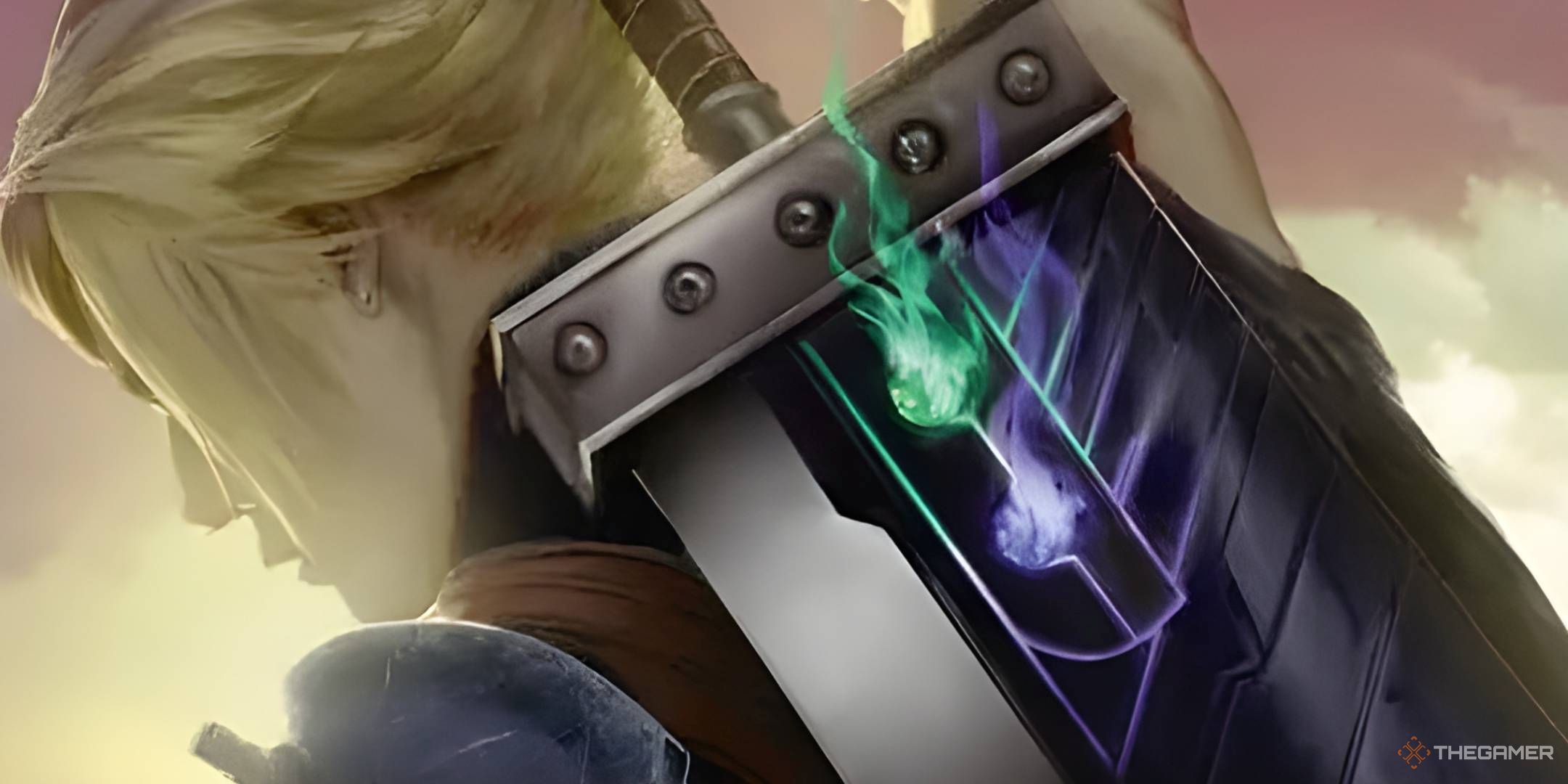 Cloud's Buster Sword is strapped to his back, with green and blue materia glowing near the base.