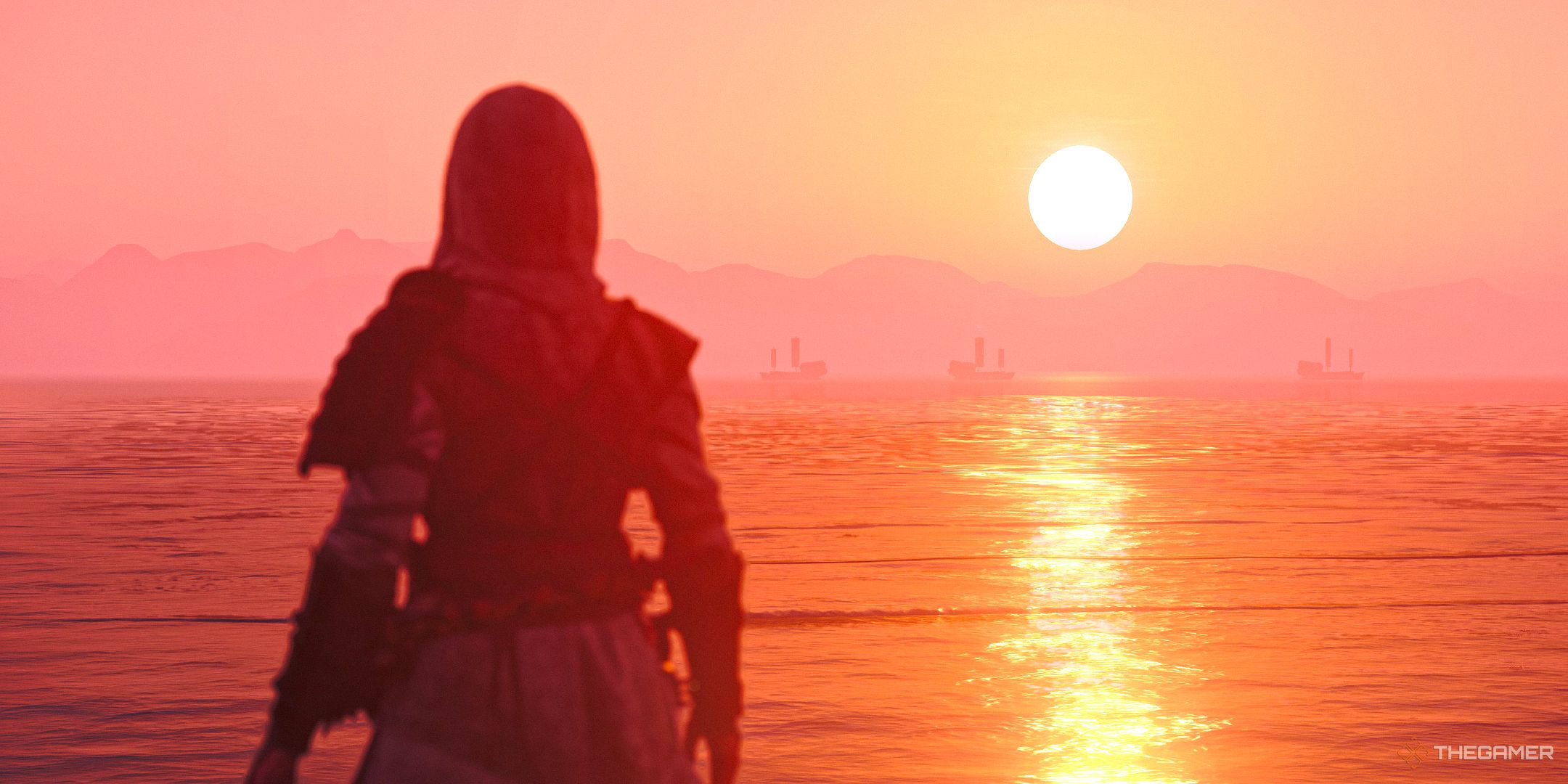 Assassins Creed Shadows screenshot of Naoe looking at the sunset over the ocean.