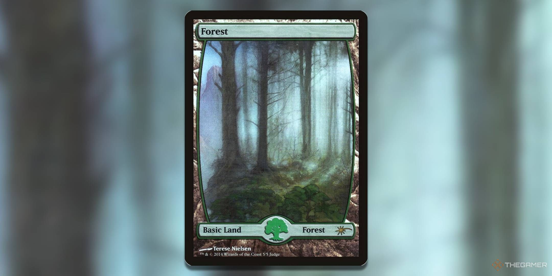 A dark forest contrasts against a misty blue sky and foliage on the ground in this forest card.