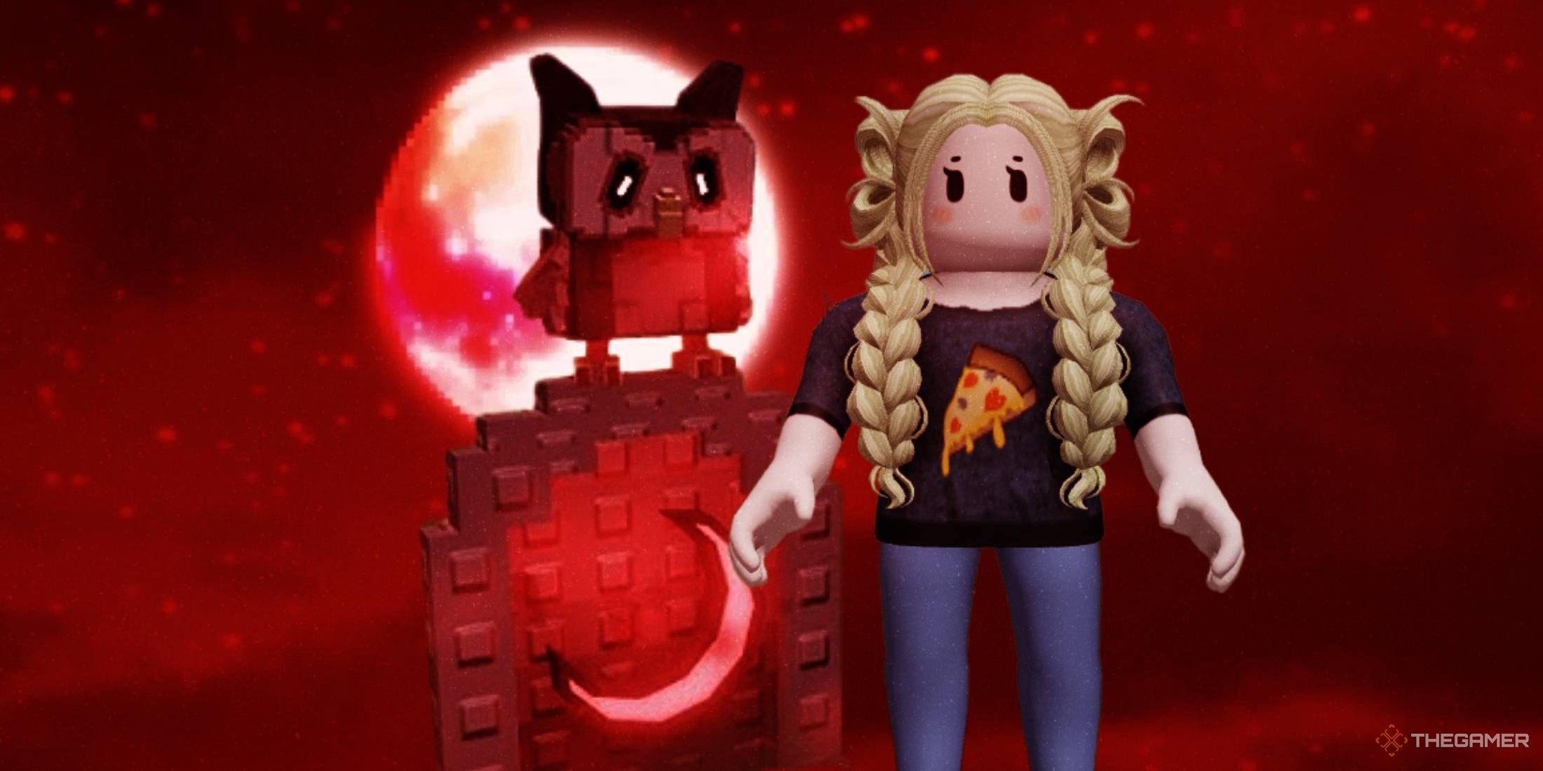 Roblox character posing with a blood moon shop in Roblox: Grow a Garden.