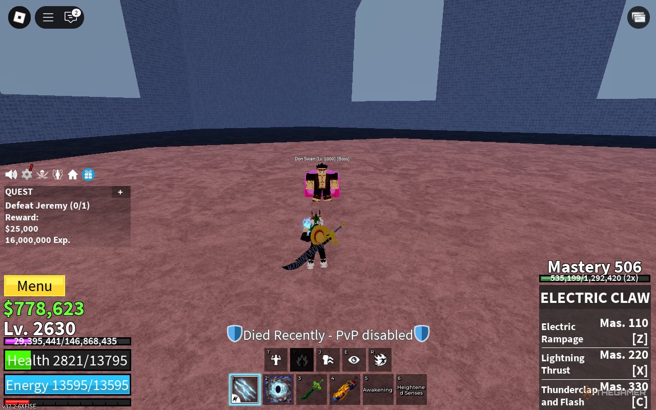 Fighting Don Swan in the Mansion in Blox Fruits.
