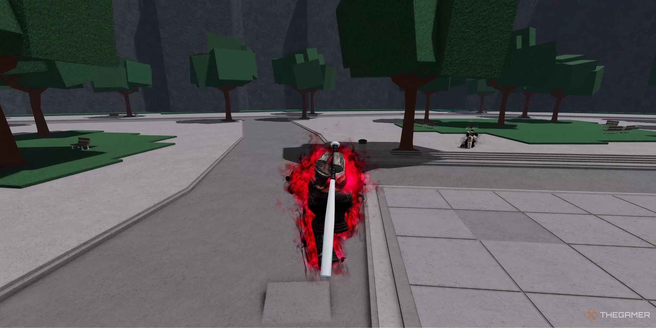 Brutal Demon covered in red aura and slamming down his bat in Roblox: The Strongest Battlegrounds.
