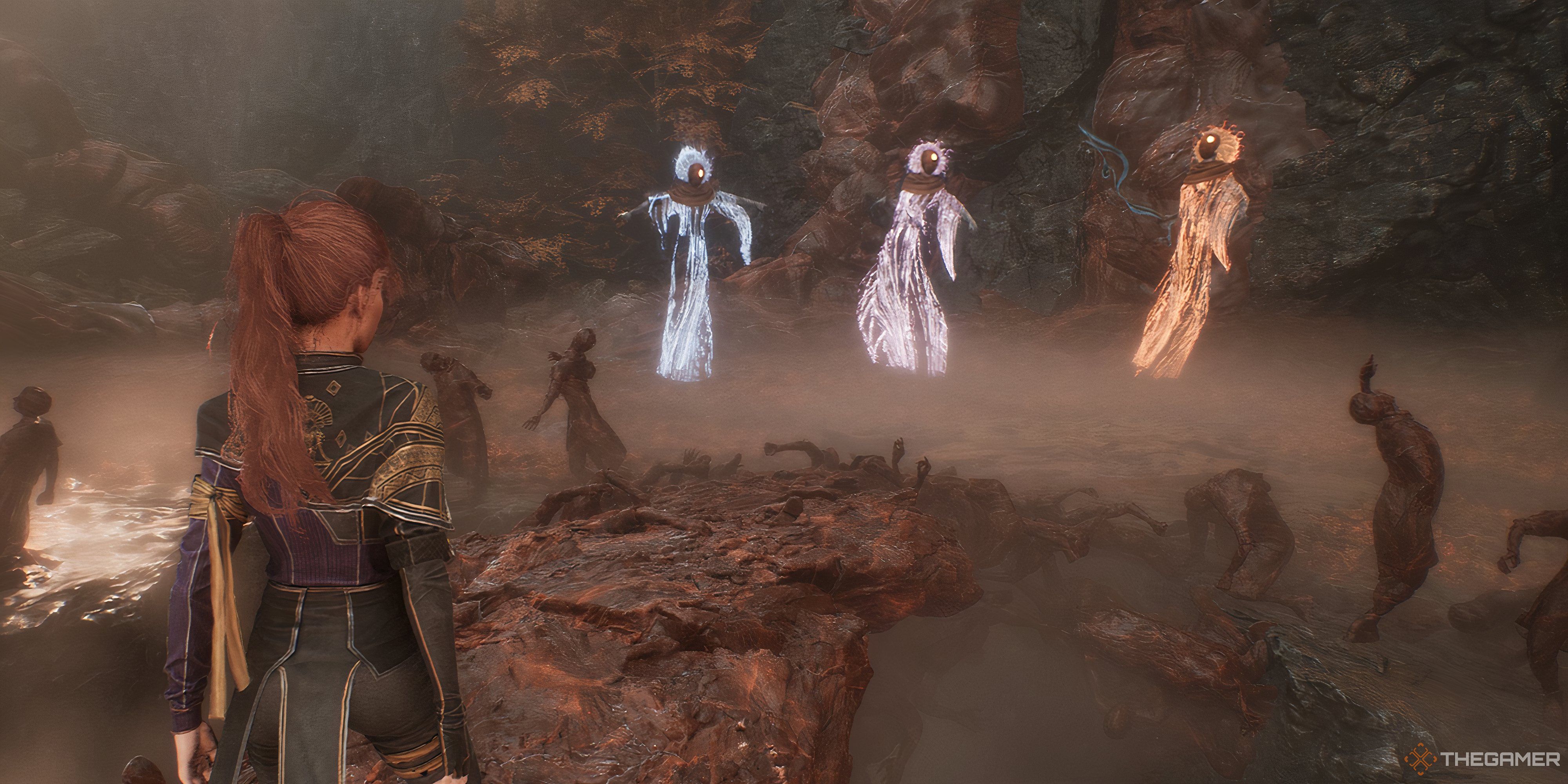 Maelle standing a bridge with frozen humans around her in Clair Obscur: Expedition 33. In front of Maelle are the three bosses for Chromatic Ballet floating.