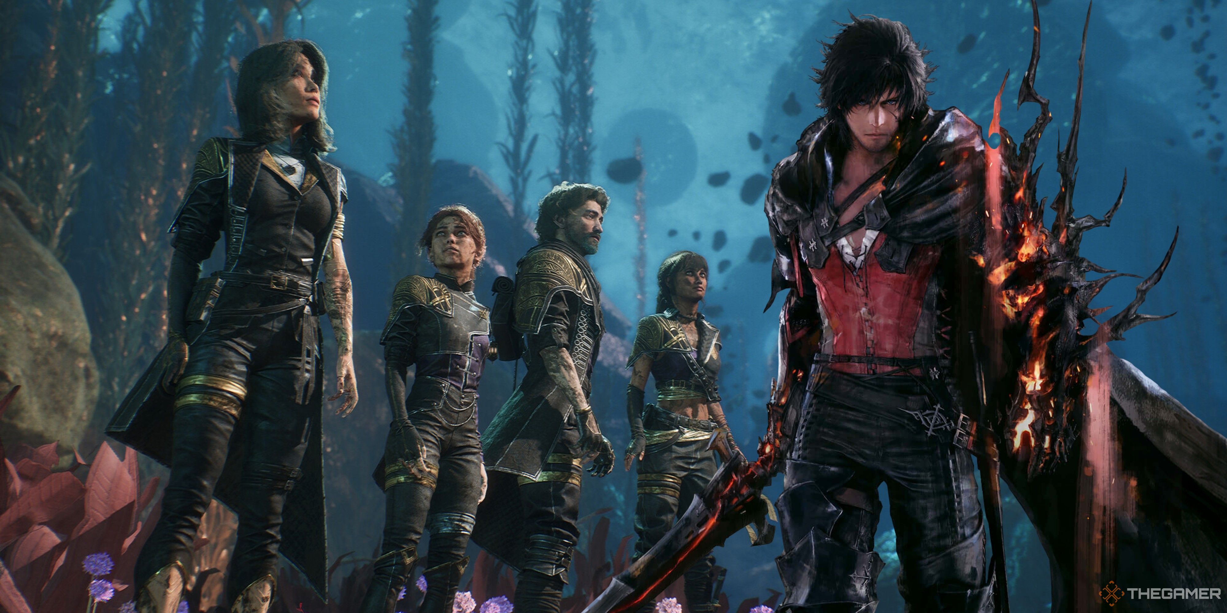 clive rosfield next to the lead characters from final fantasy 16.