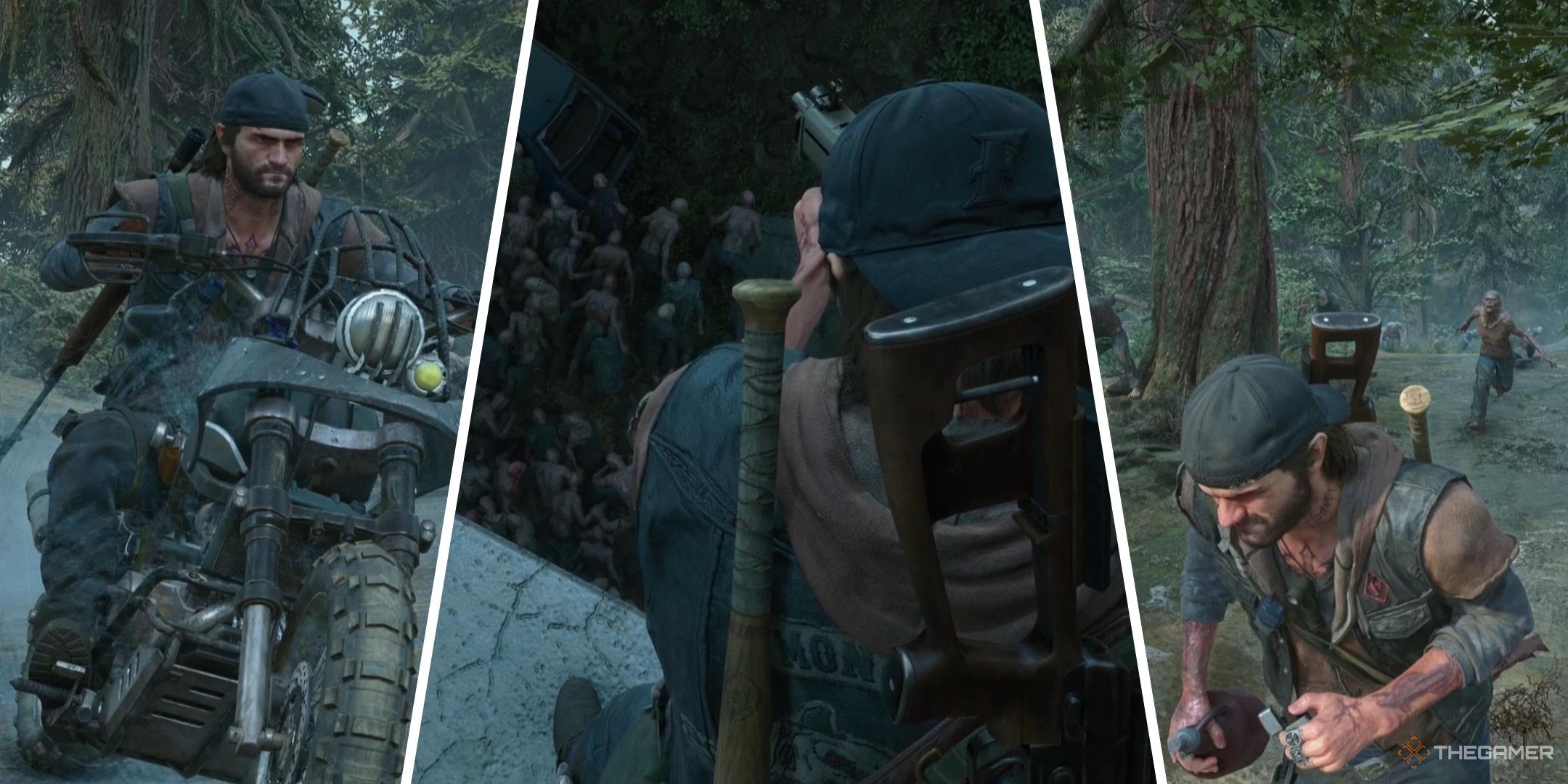 Deacon rides his motorcycle on the left, runs from a horde on the right, and stands above a horde in the center, all in Days Gone Remastered.