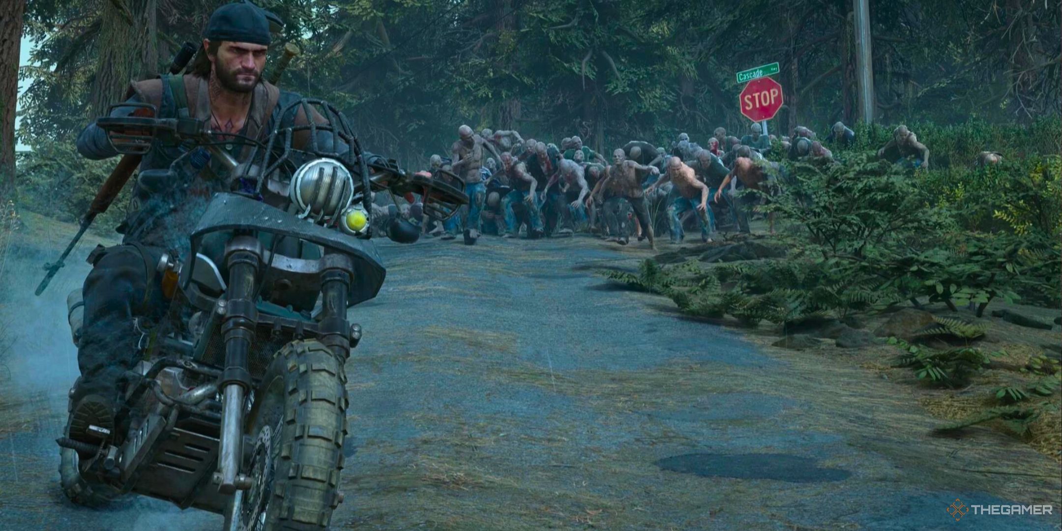 Deacon rides his motorcycle away from a horde chasing him down a street in Days Gone Remastered.