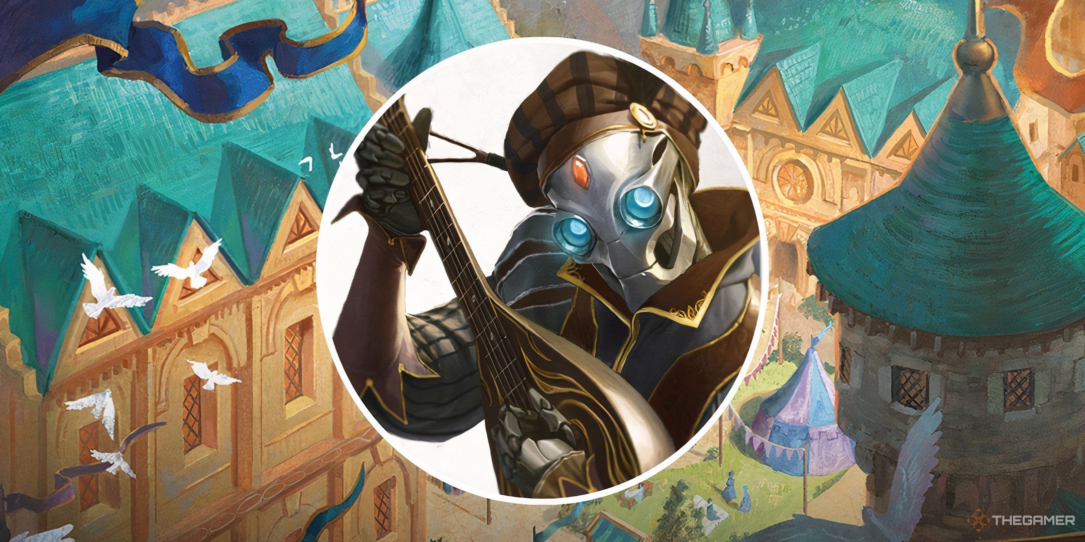 A clank bard in Daggerheart against a split image of a town square.