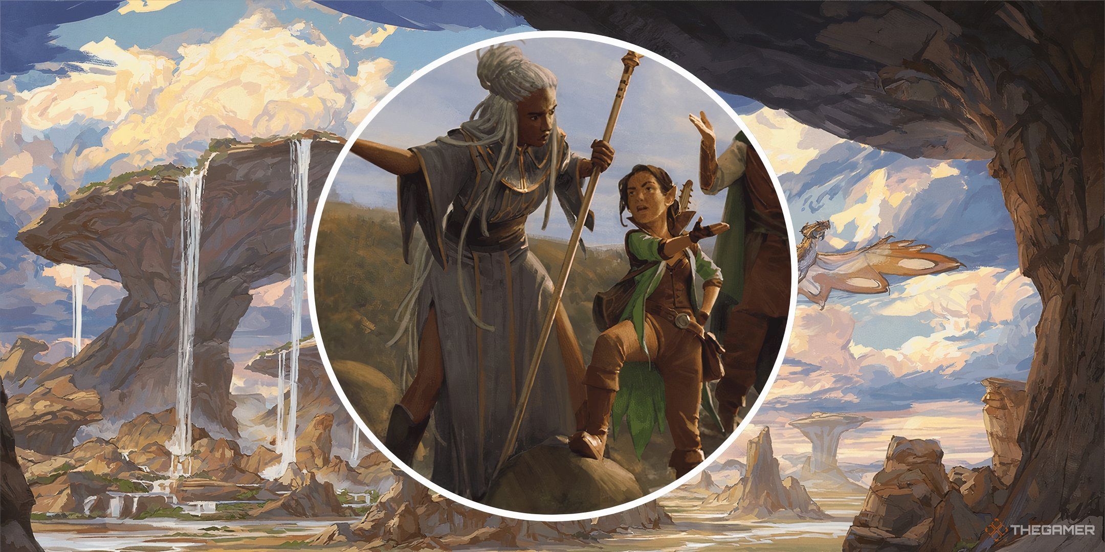 An adventuring party explores a river in DND in a split image with a large primordial environment.