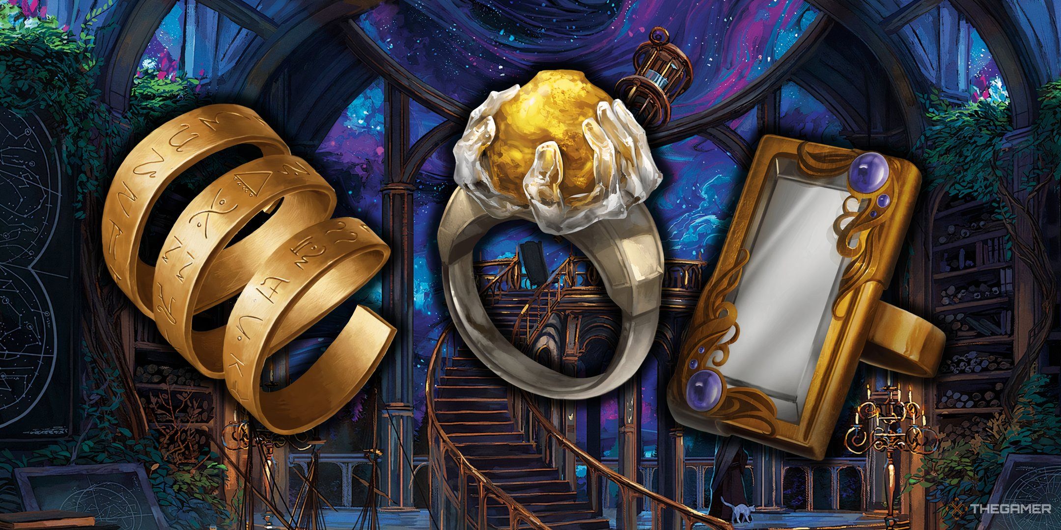 Three magic items in front of a magical observatory in DND.