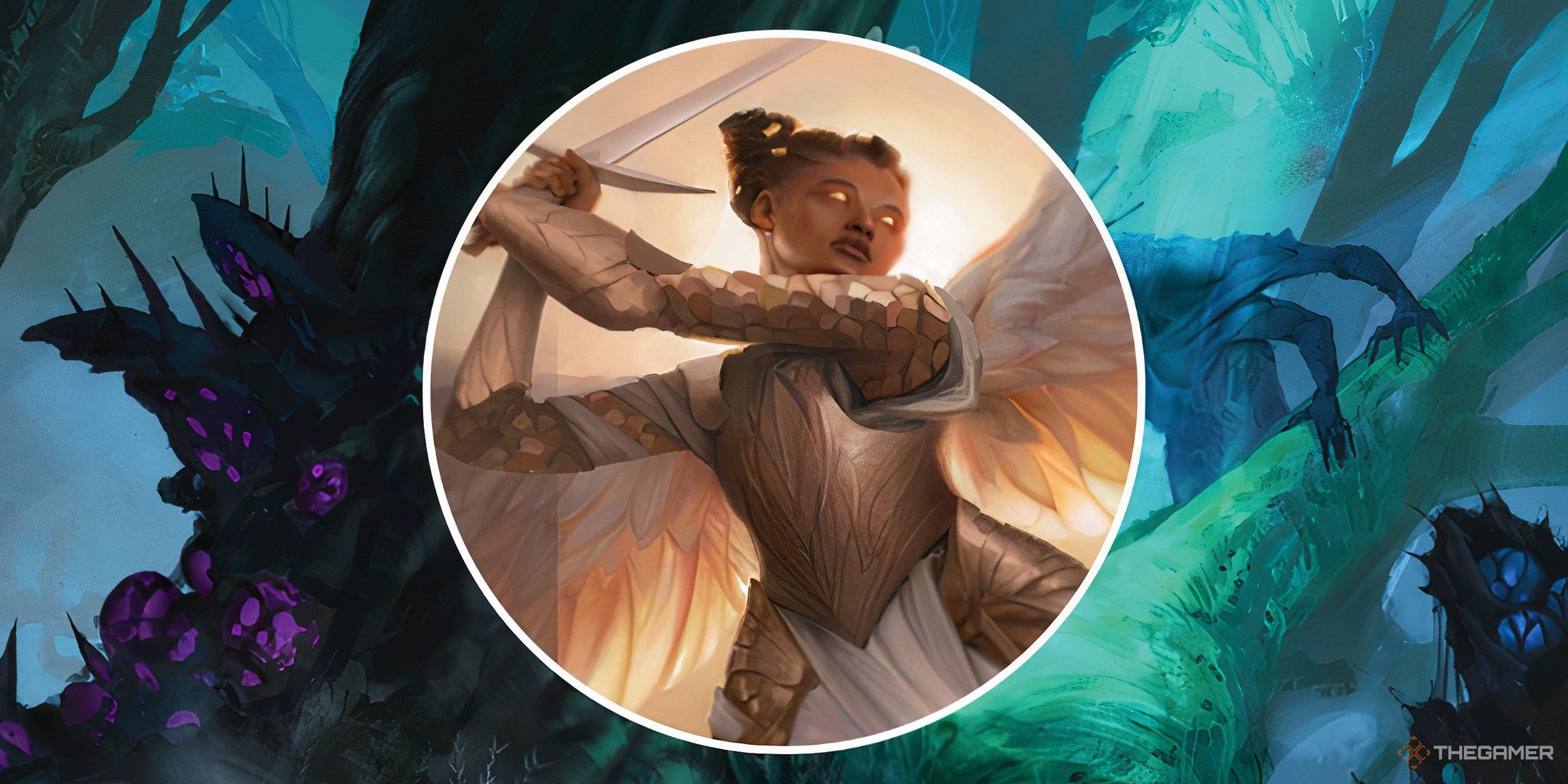 A seraph in Daggerheart wielding a holy weapon against a forest backdrop.