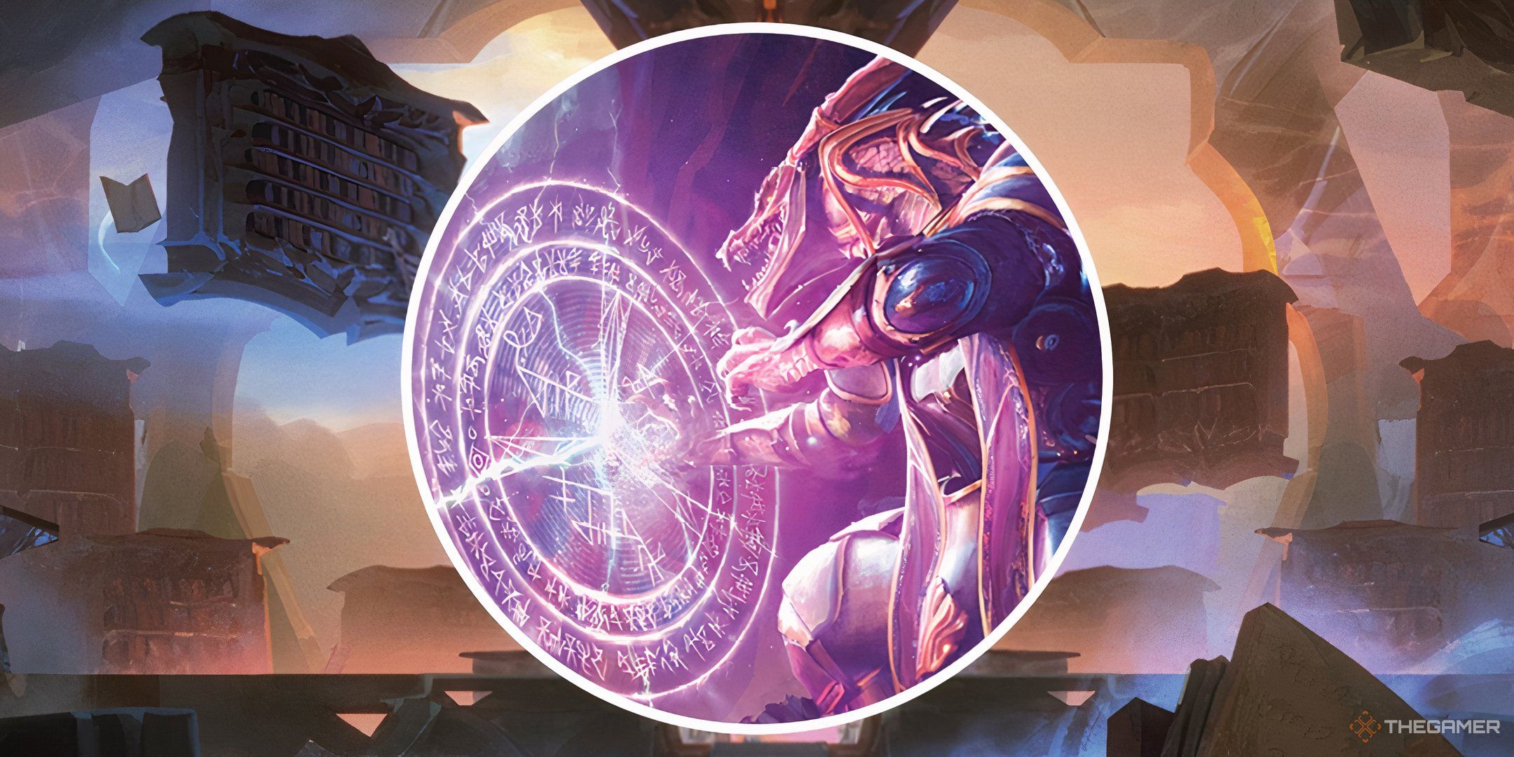 A drakona character casting an arcane ward in a split image against a magical library in Daggerhert.