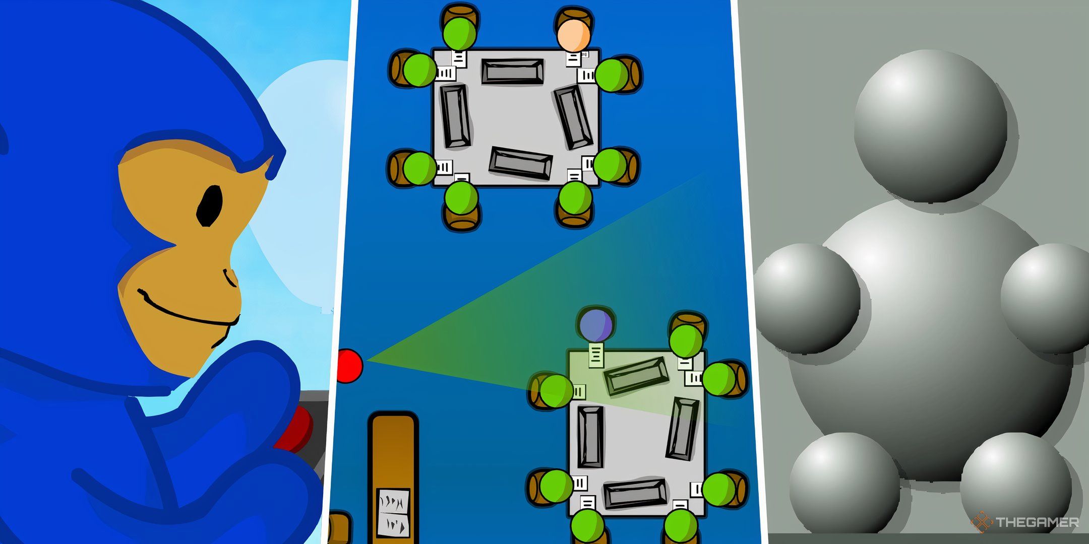 A split image of the flash games Bloons 3 Tower Defense, The Classroom 2, and Interactive Buddy.