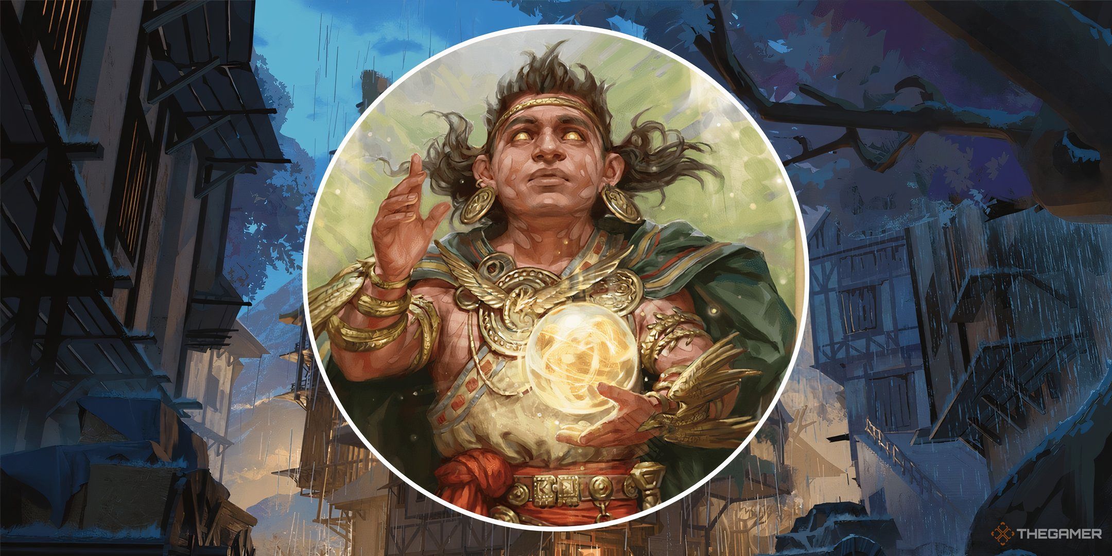 A cleric holds a glowing orb against a split image backdrop of a rogue's hideout in 5e DND.