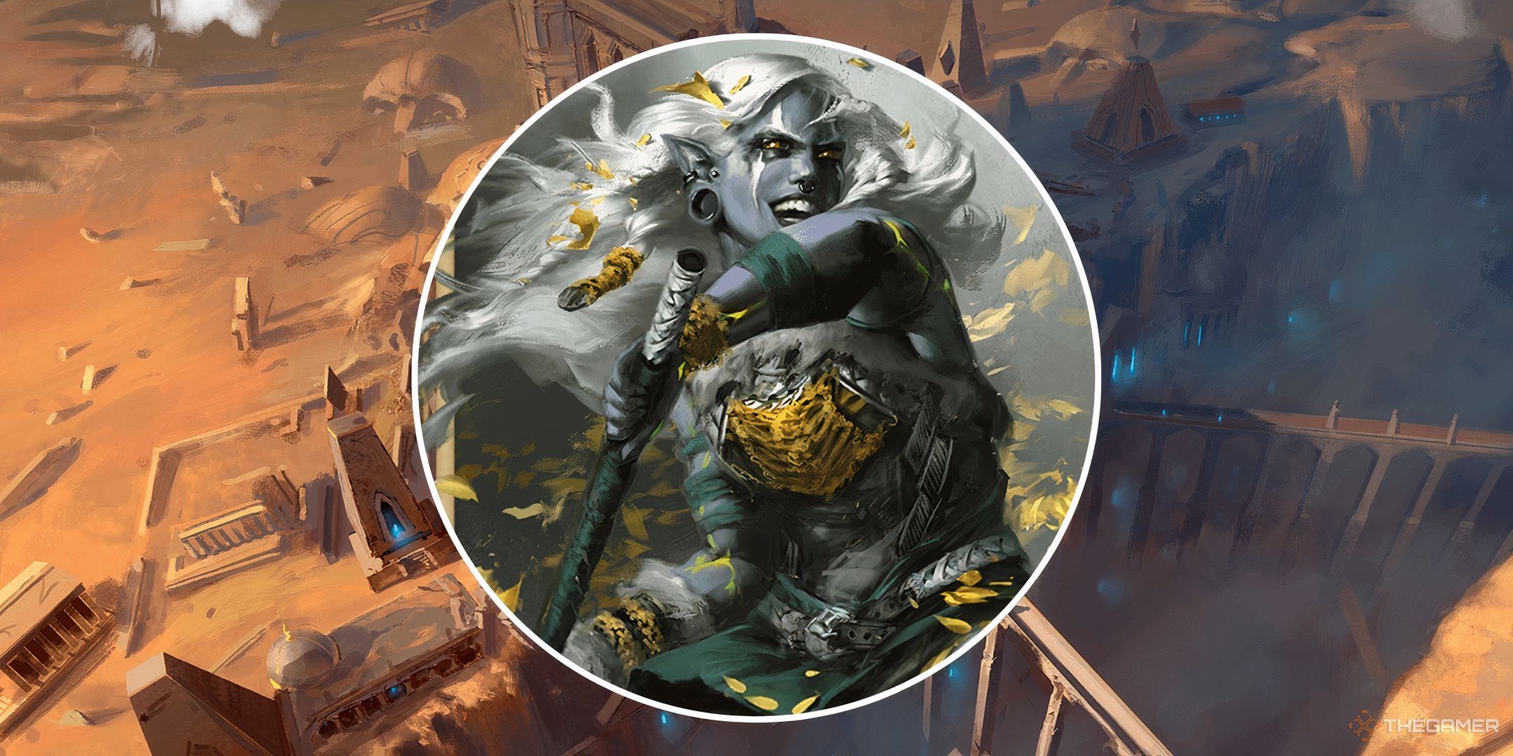 A barbarian in a split image with an ancient temple backdrop in DND 5e.