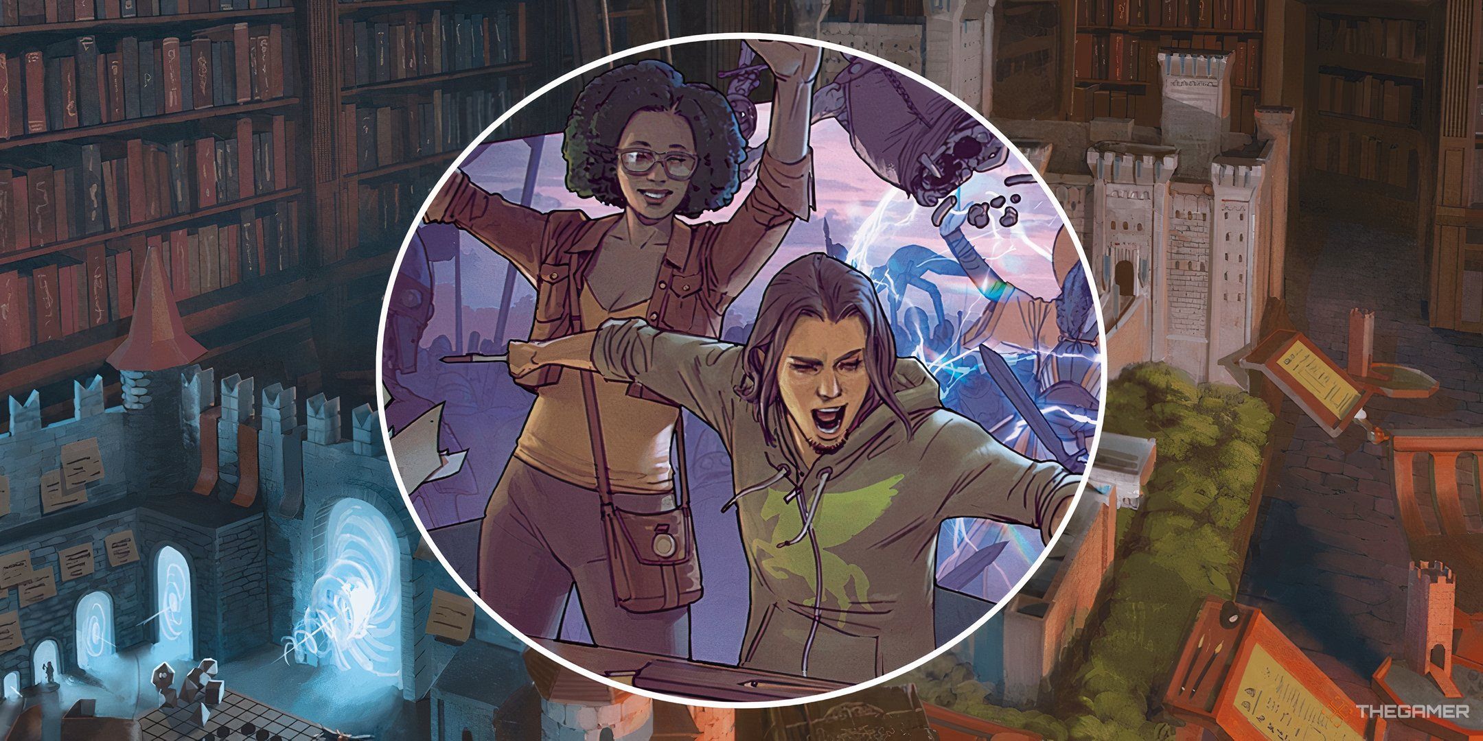 A split image of a group of players playing DND against a backdrop of a DND table.