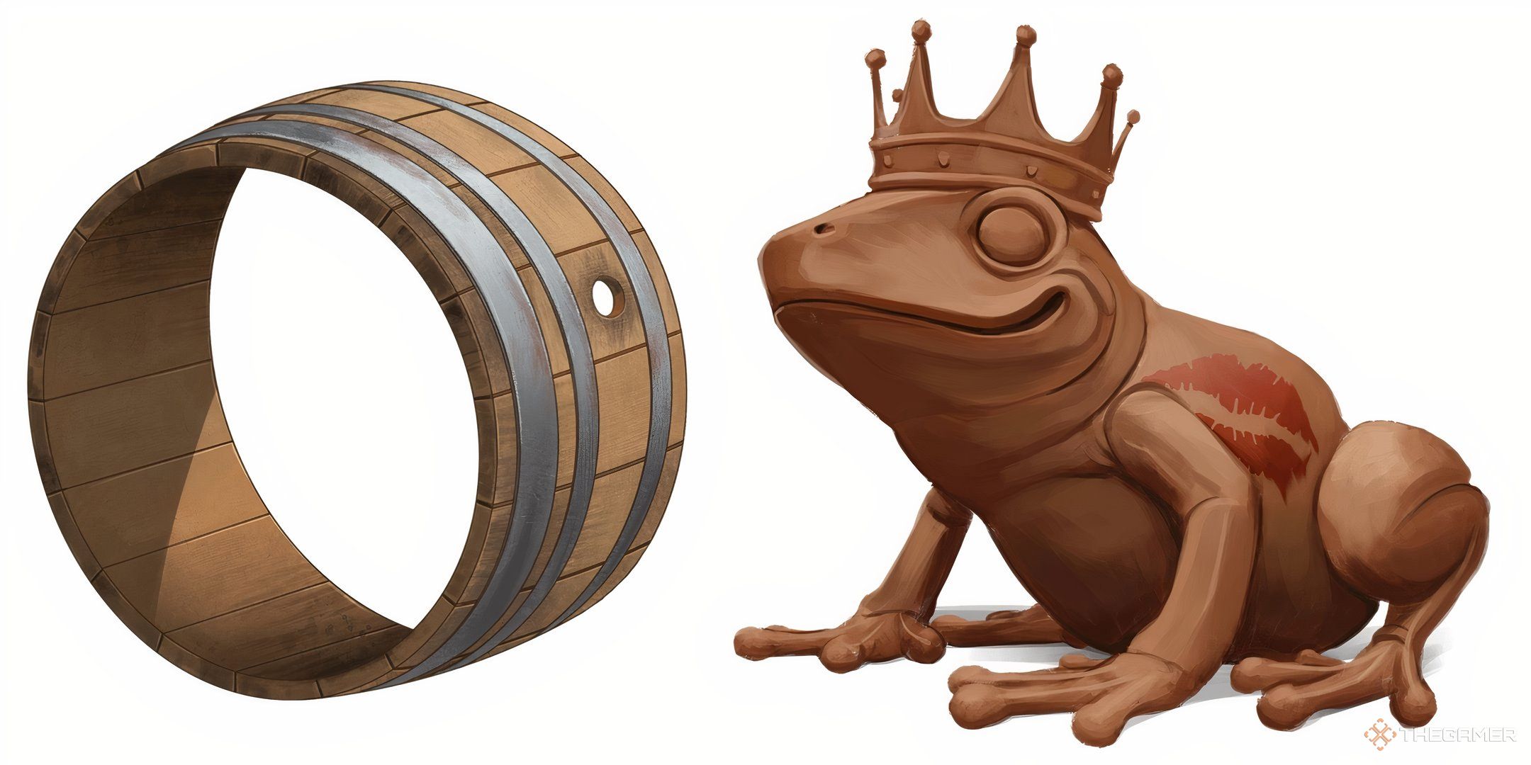 Two DND Magic Items from Valda's Spire of Secrets side by side, the Ring of Barrels and Frog Statuette. 