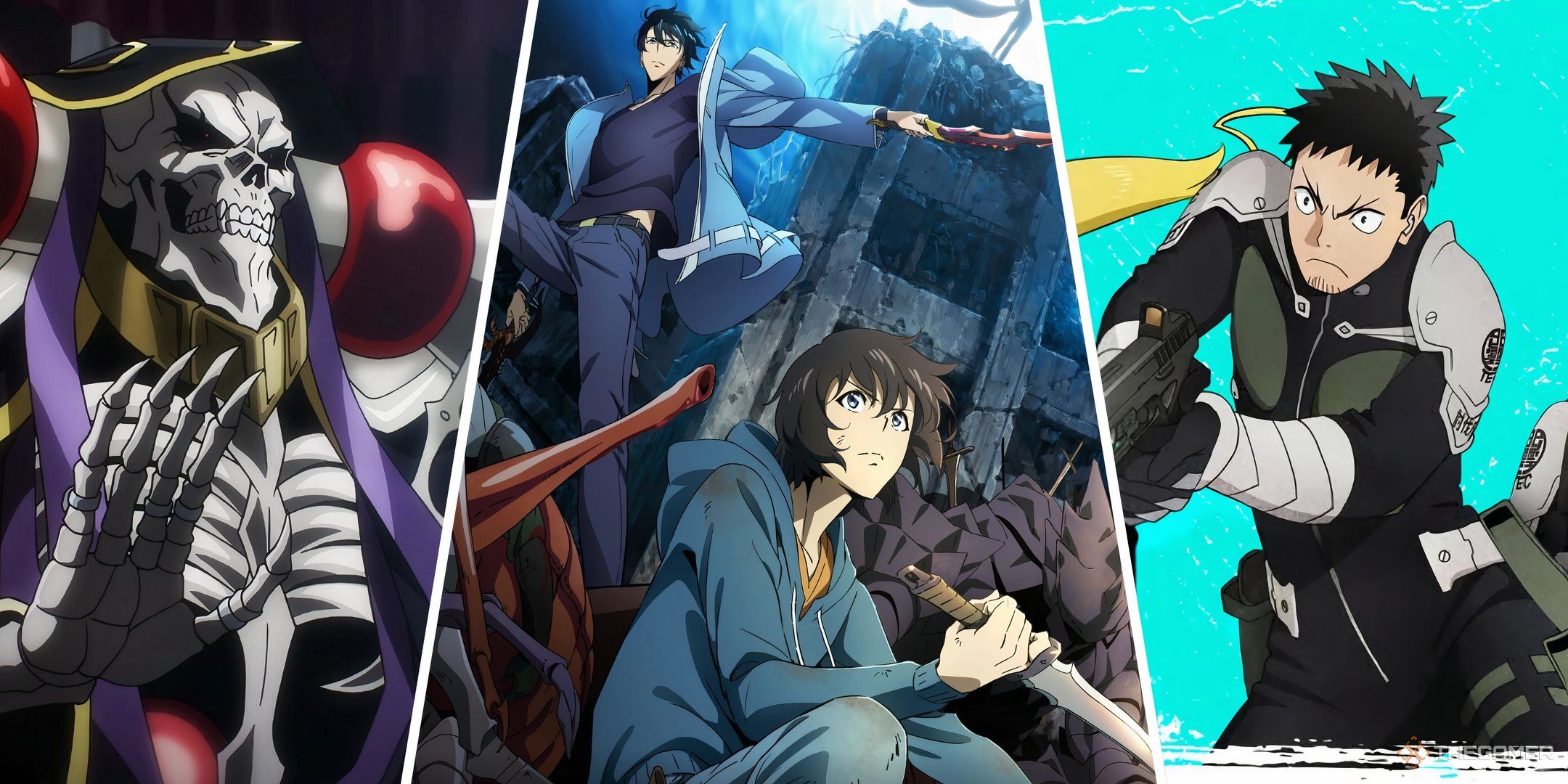A split image of Overlord, Solo Leveling, and Kaiju No.8 with the main characters shown in a collage. 