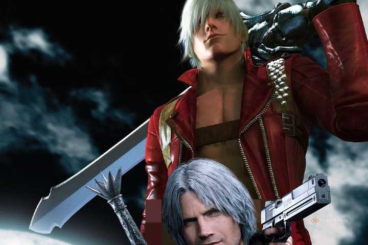 Dante from the Devil May Cry series wearing a red leather jacket and holding a large sword over his shoulder. He is photoshopped to have a copy of his own head covering his private parts