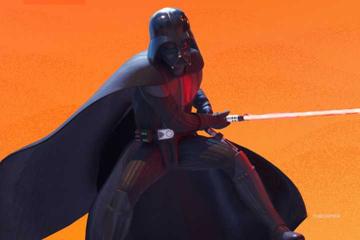 Darth Vader holding a red lightsaber, as he appears in Fortnite. He has been edited onto a bright orange background