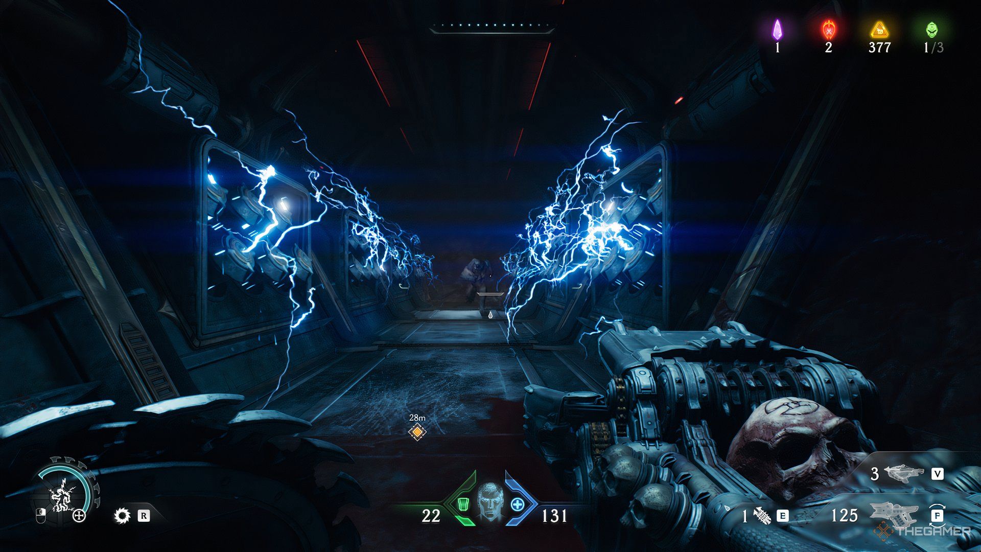 A hell knight charging the Doom Slayer in DOOM: The Dark Ages. There is electricity coming out of the left and right wall where the hell knight is.