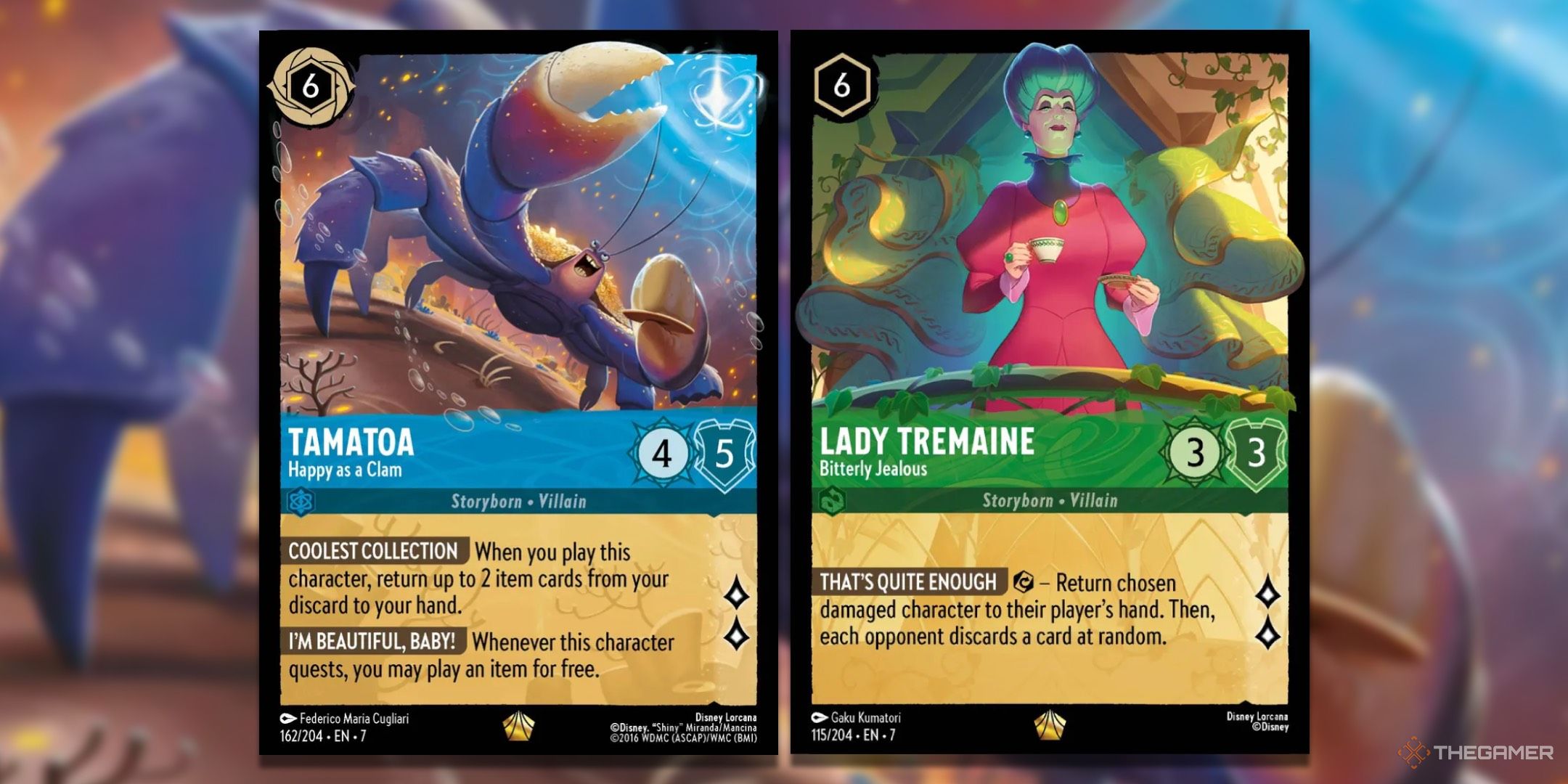 Tamatoa and Lady Tremaine legendary cards from the Archazia's Island expansion of disney Lorcana side by side. 