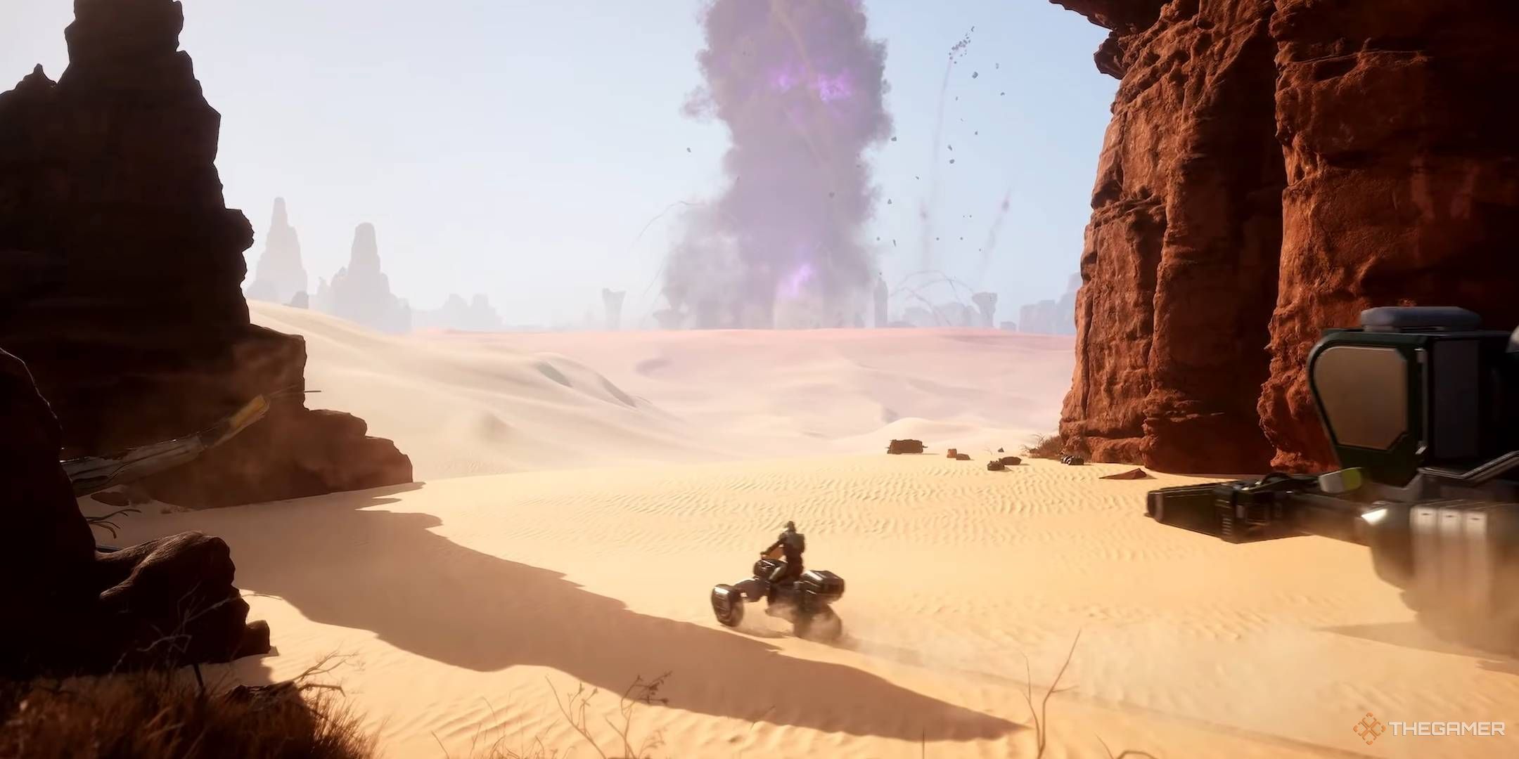 Dune Awakening Sand Bike Riding Through the desert of Arrakis with distant explosion