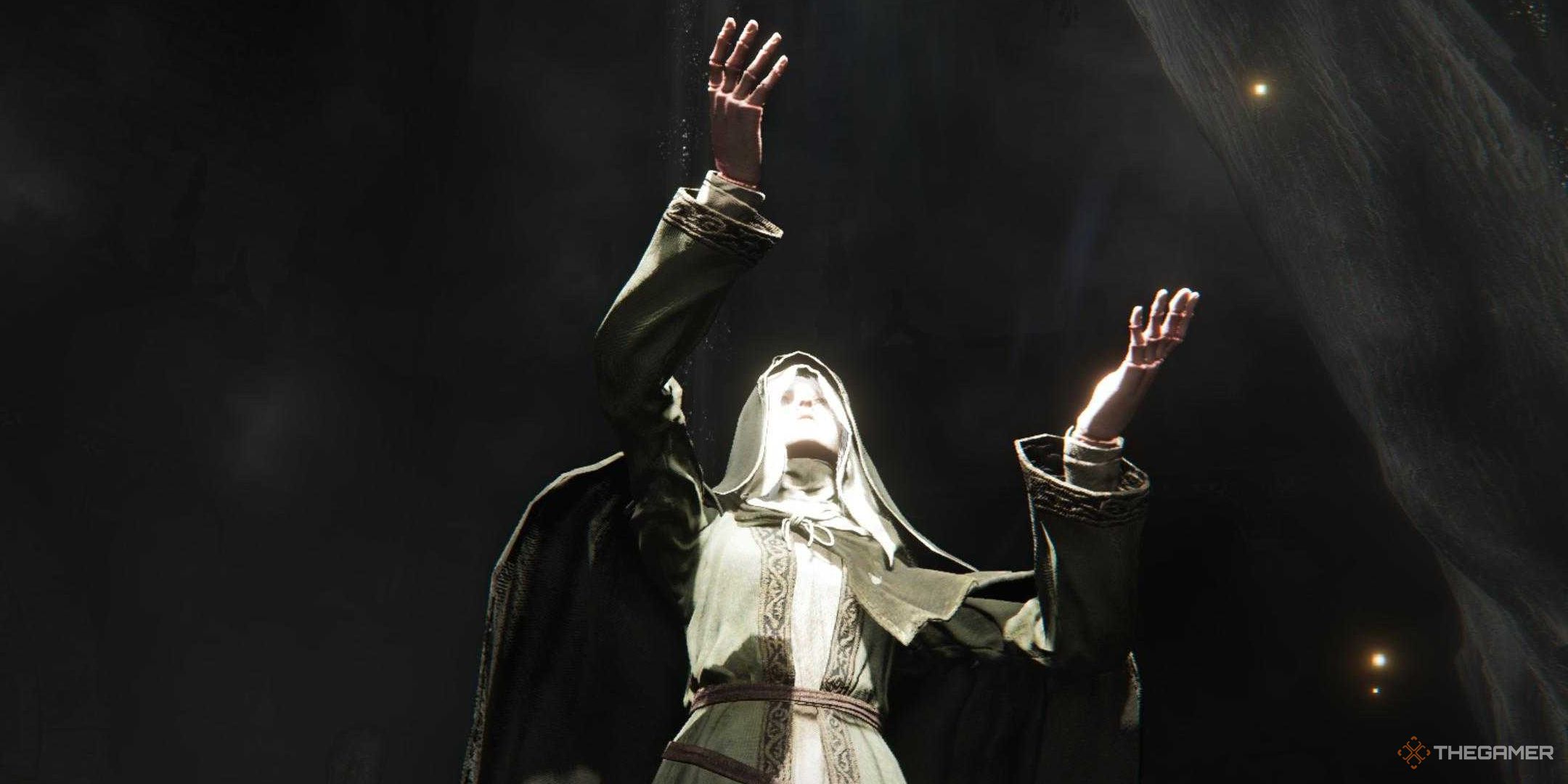 Elden Ring Nightreign screenshot of the Revenant praying at the Lost Table of Grace in the Roundtable Hold.
