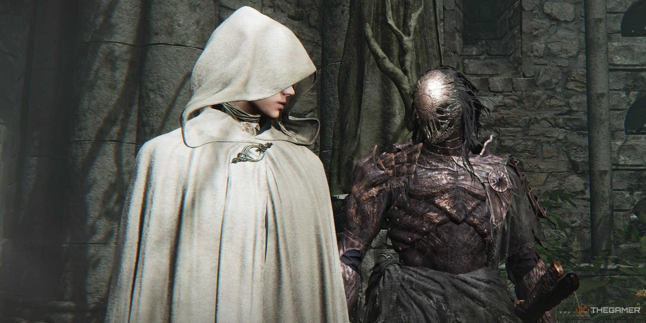 Executor in their Darkness outfit standing next to the Priestess in Elden Ring Nightreign.