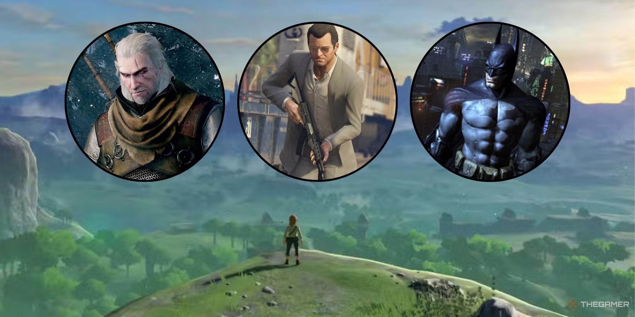 Featured image containing images of Geralt, Michael DeSanta, and Batman in cricles with a Legend of Zelda Breath of the Wild background.