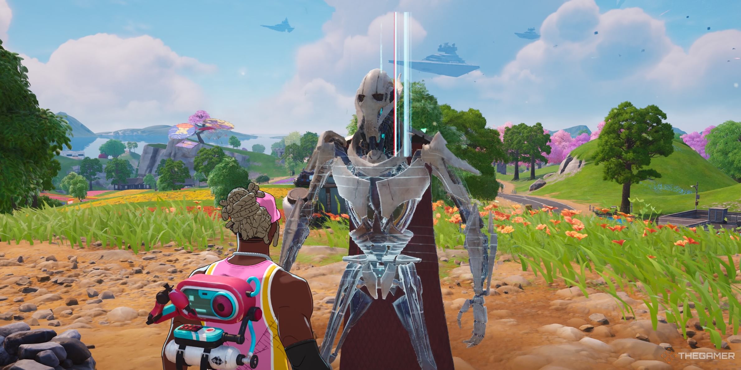Player character speaking to General Grievous at the beginning of a match in Fortnite.