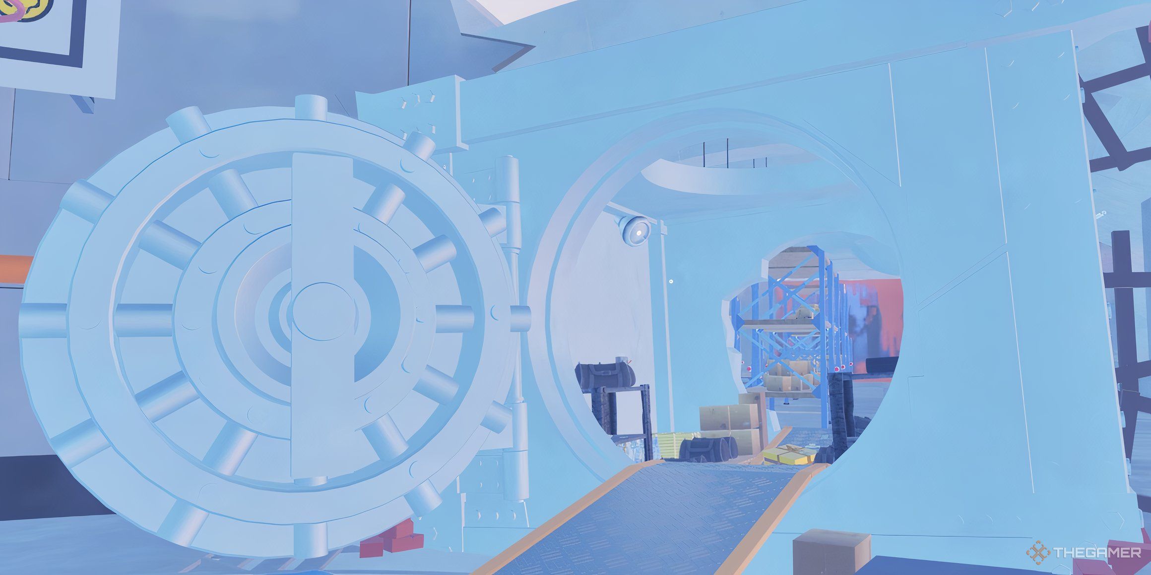 View of the open Black Lotus Vault showing a hole in a wall leading to a storage room, bags, and storage racks in Cash Cleaner Simulator.