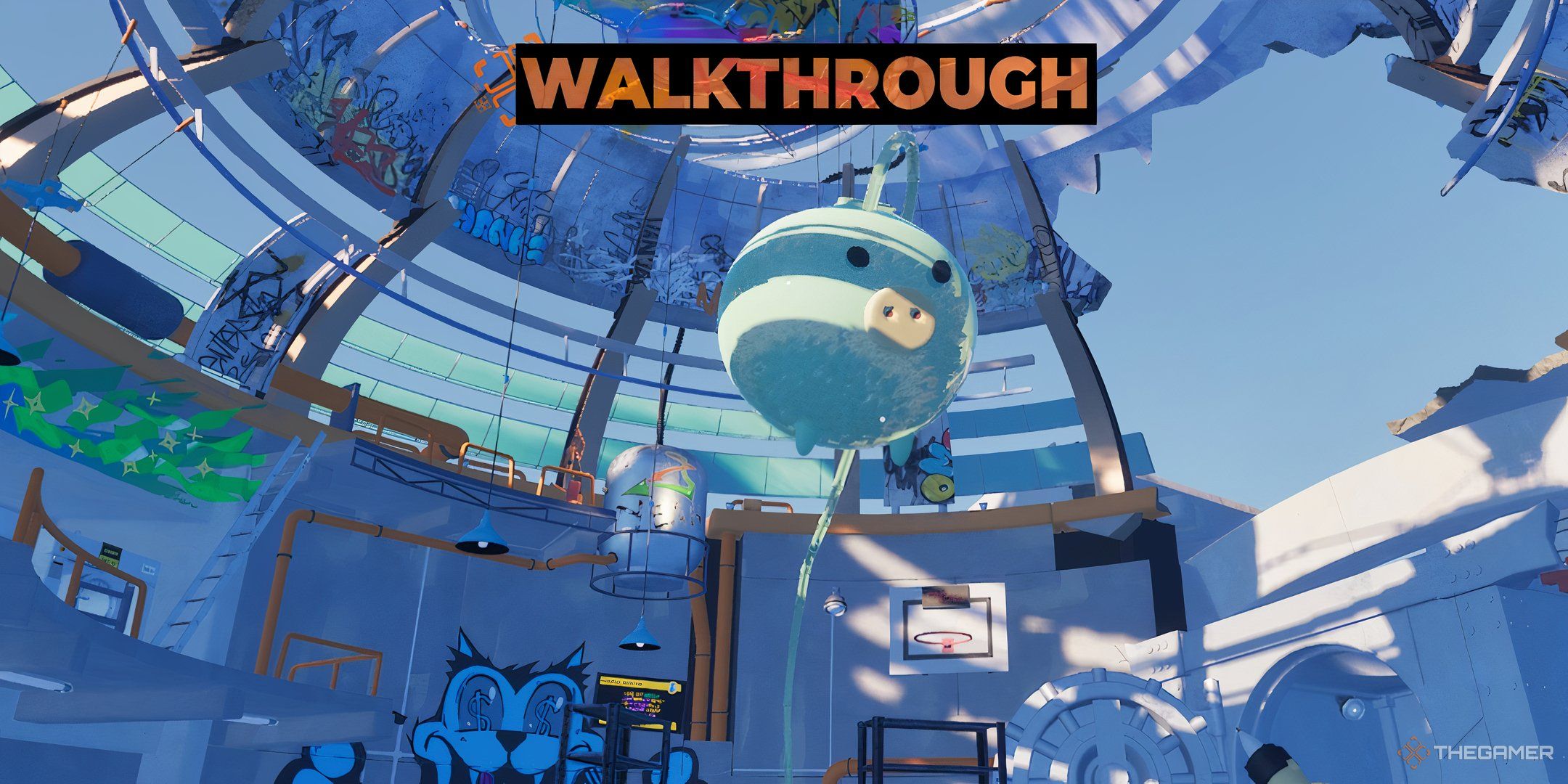 Below-ground view of the full Piggy Bank in the work area with an orange Walkthrough text edited onto the image in Cash Cleaner Simulator.
