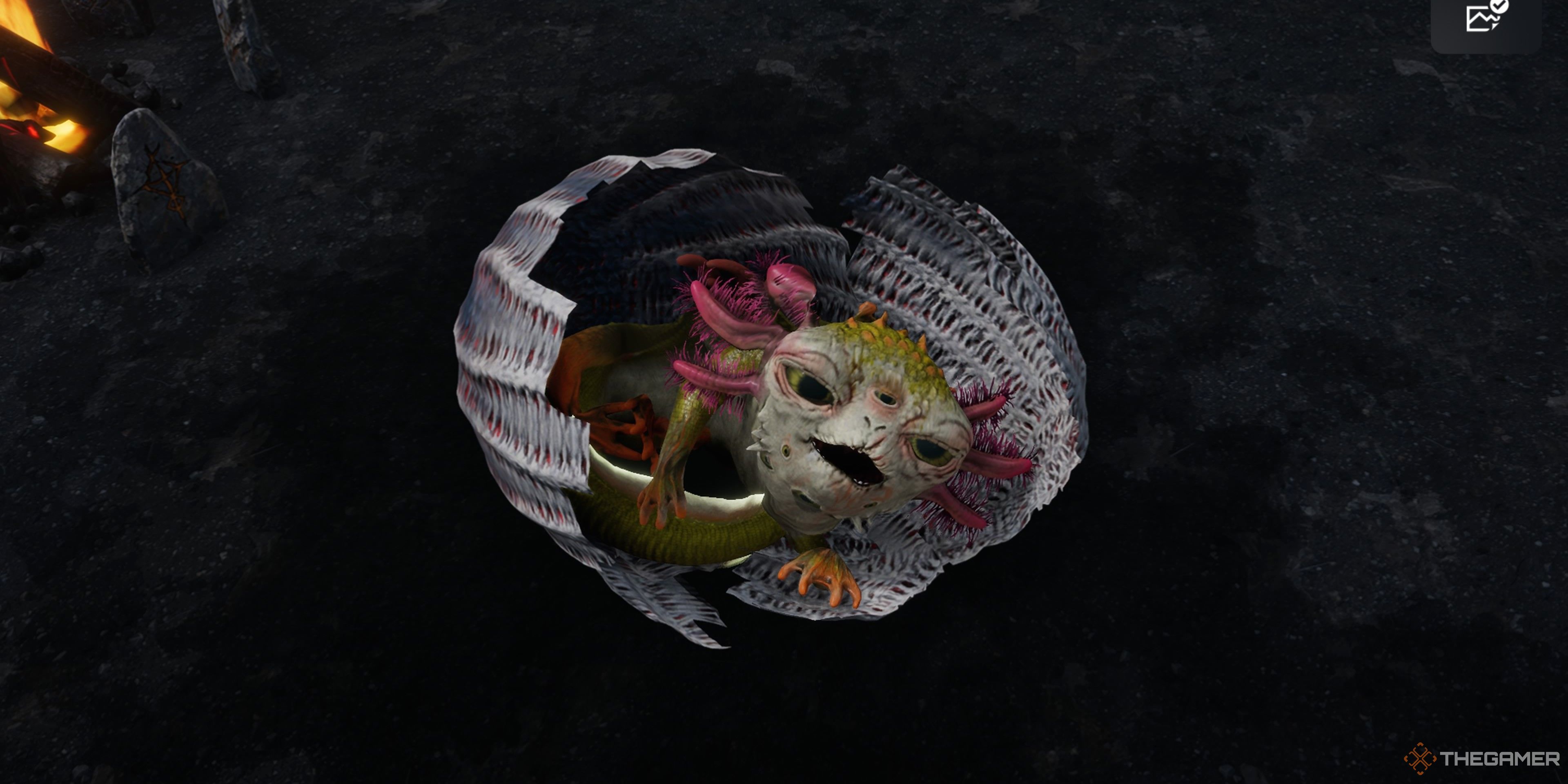Close up of a axolotl-like creature with three eyes hatching from a ribbed egg in Tainted Grail: The Fall Of Avalon.