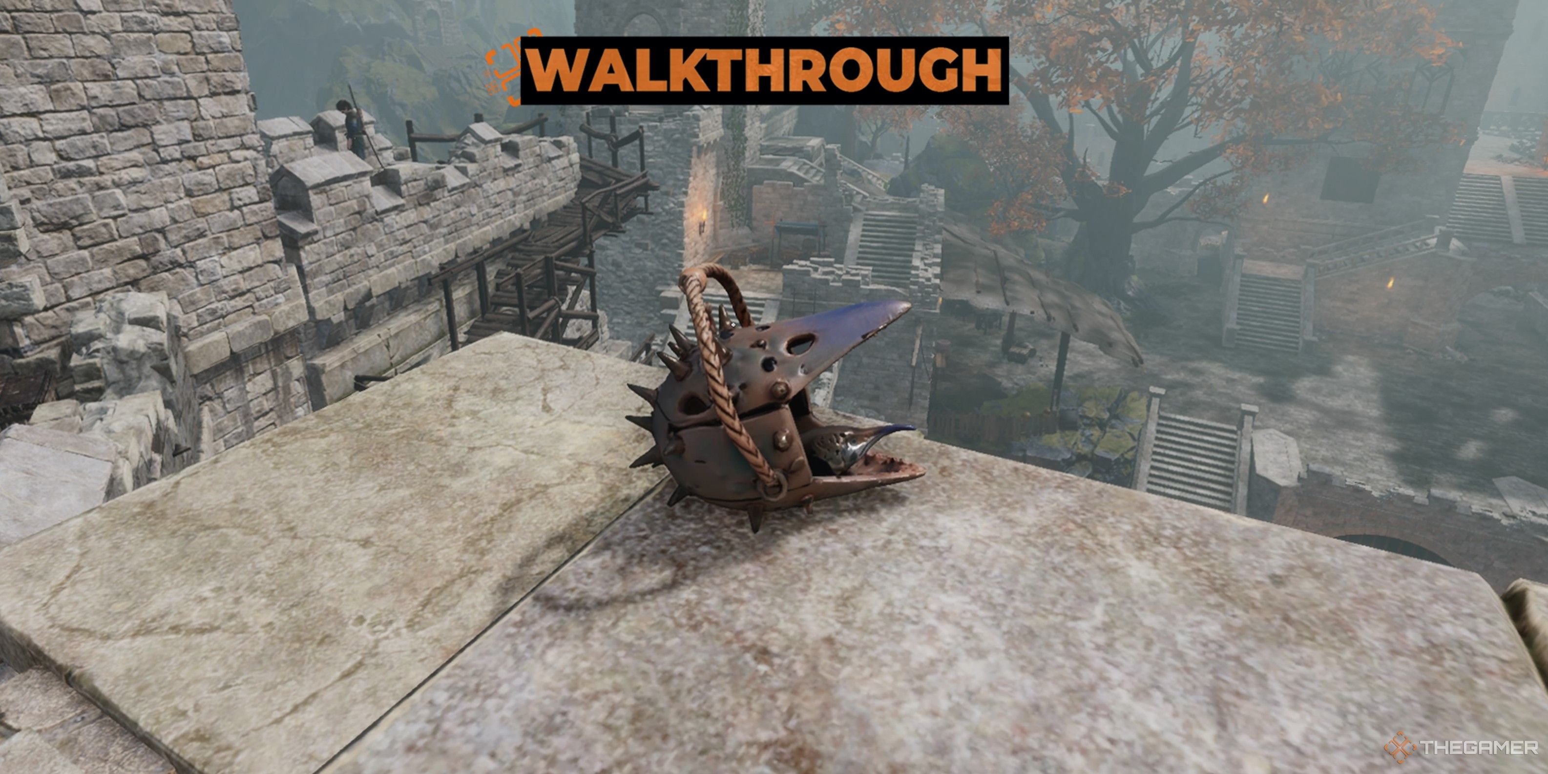 Close up view of screenshot of a Bird Trap sitting on the edge of a large stone with an orange Walkthrough image edited onto it in Tainted Grail: The Fall Of Avalon.