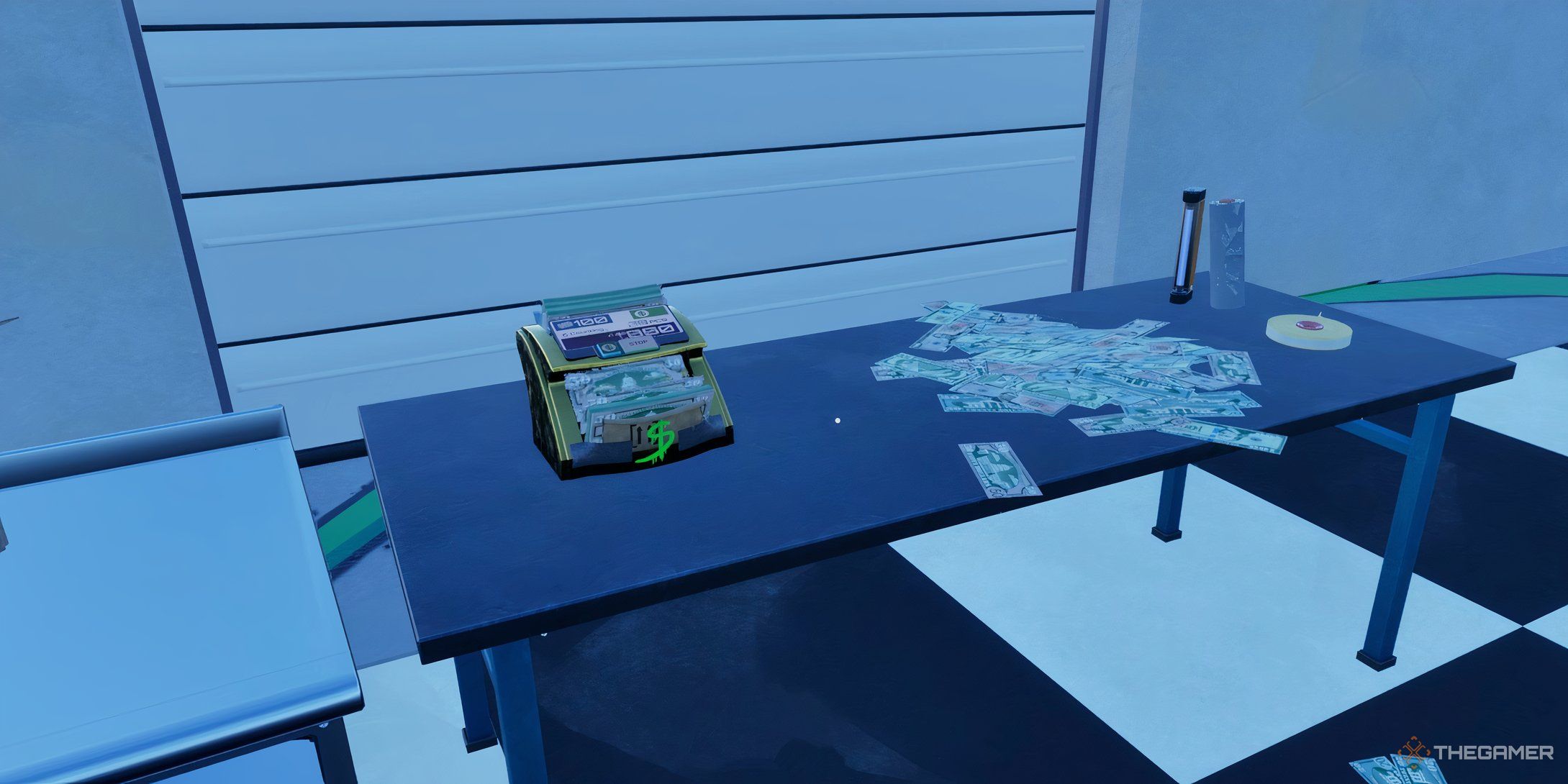 View of a Money Counter machine counting money with a pile of cash next to it in Cash Cleaner Simulator.