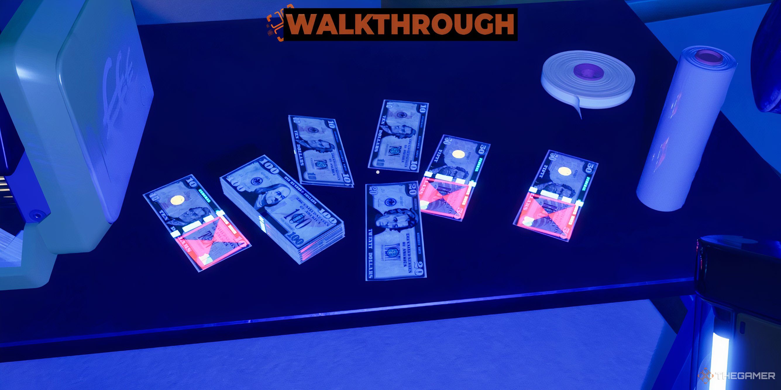 Close up of a player character shining a UV Light on several fake and marked bills on a table in Cash Cleaner Simulator.